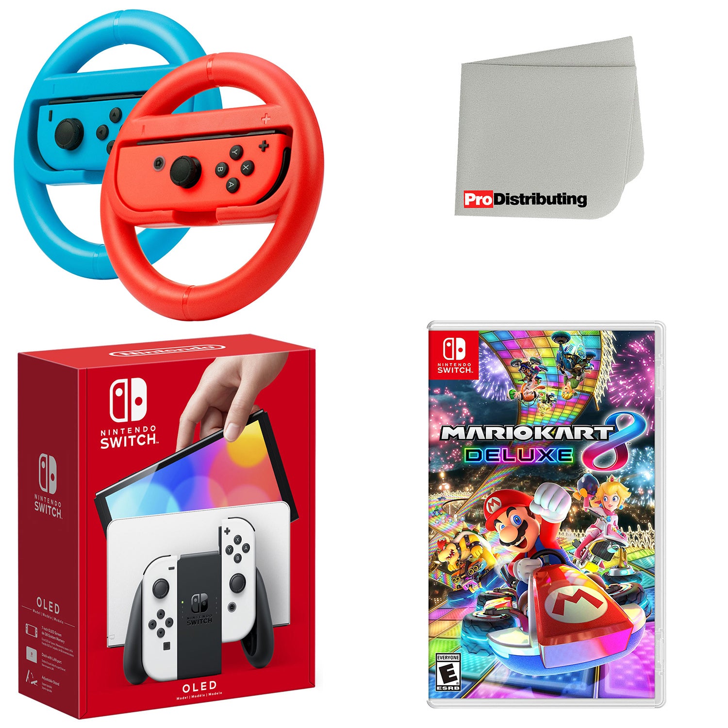 Nintendo Switch OLED Console White with Mario Kart 8 Deluxe, Joy-Con Steering Wheel Set and Screen Cleaning Cloth - Pro-Distributing