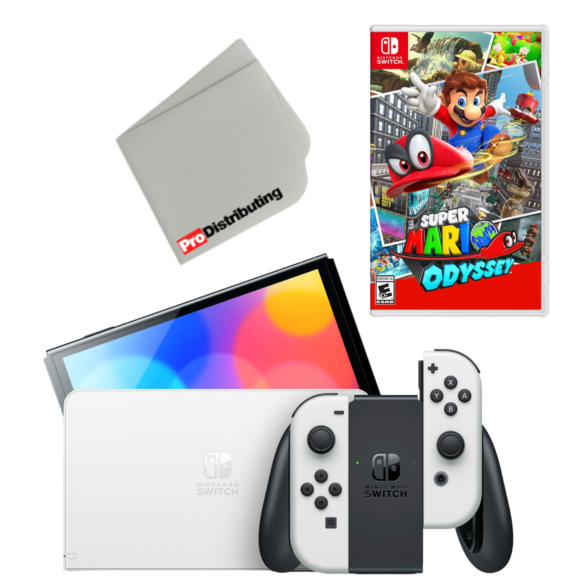 Nintendo Switch OLED Console White with Super Mario Odyssey and Screen Cleaning Cloth - Pro-Distributing