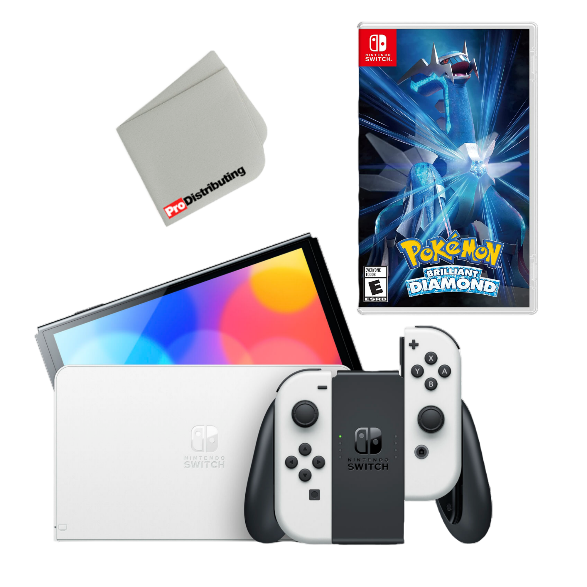 Nintendo Switch OLED Console White with Pokemon Brilliant Diamond and Screen Cleaning Cloth - Pro-Distributing