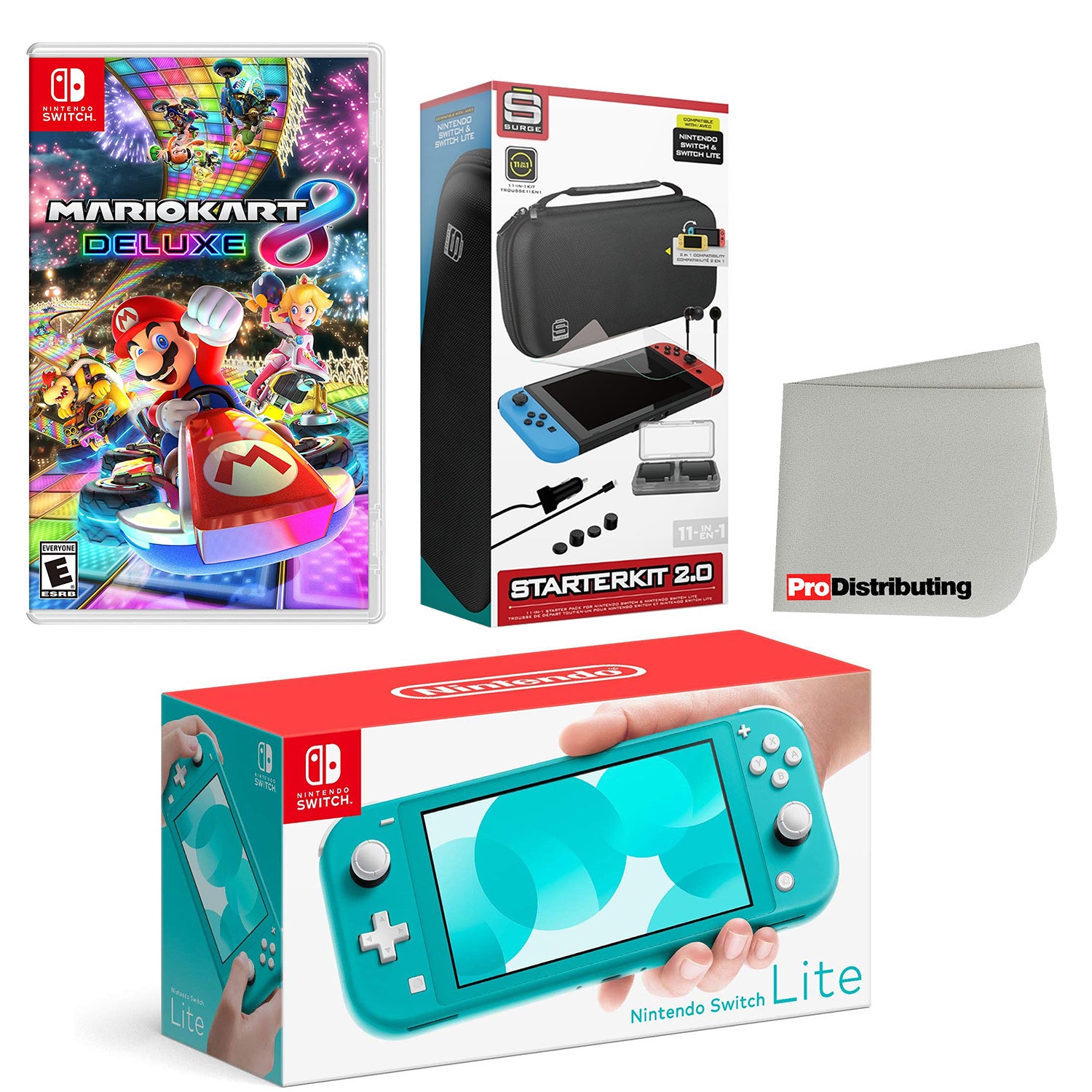 Nintendo Switch Lite Console Turquoise with Mario Kart 8 Deluxe, Accessory Starter Kit and Screen Cleaning Cloth Bundle - Pro-Distributing