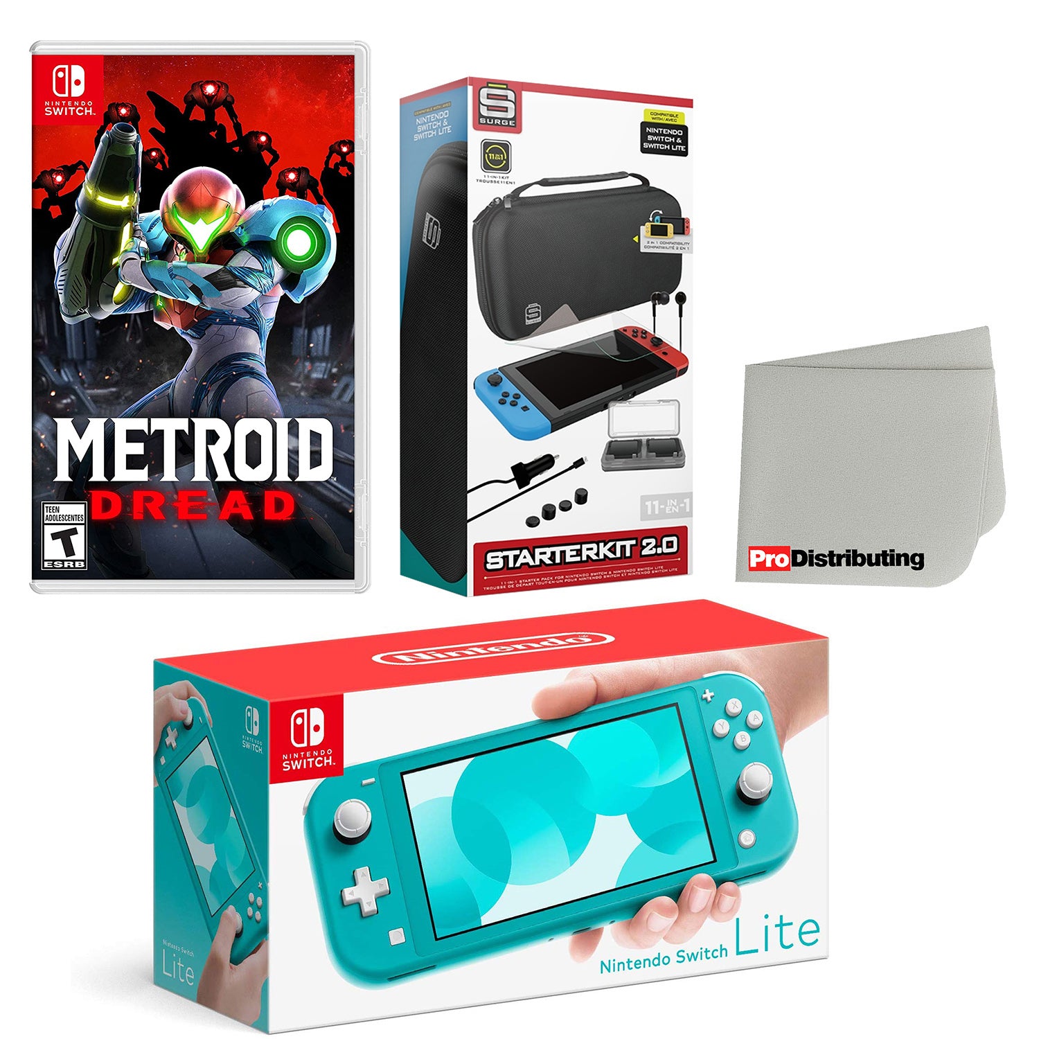 Nintendo Switch Lite Console Turquoise with Metroid Dread, Accessory Starter Kit and Screen Cleaning Cloth Bundle - Pro-Distributing