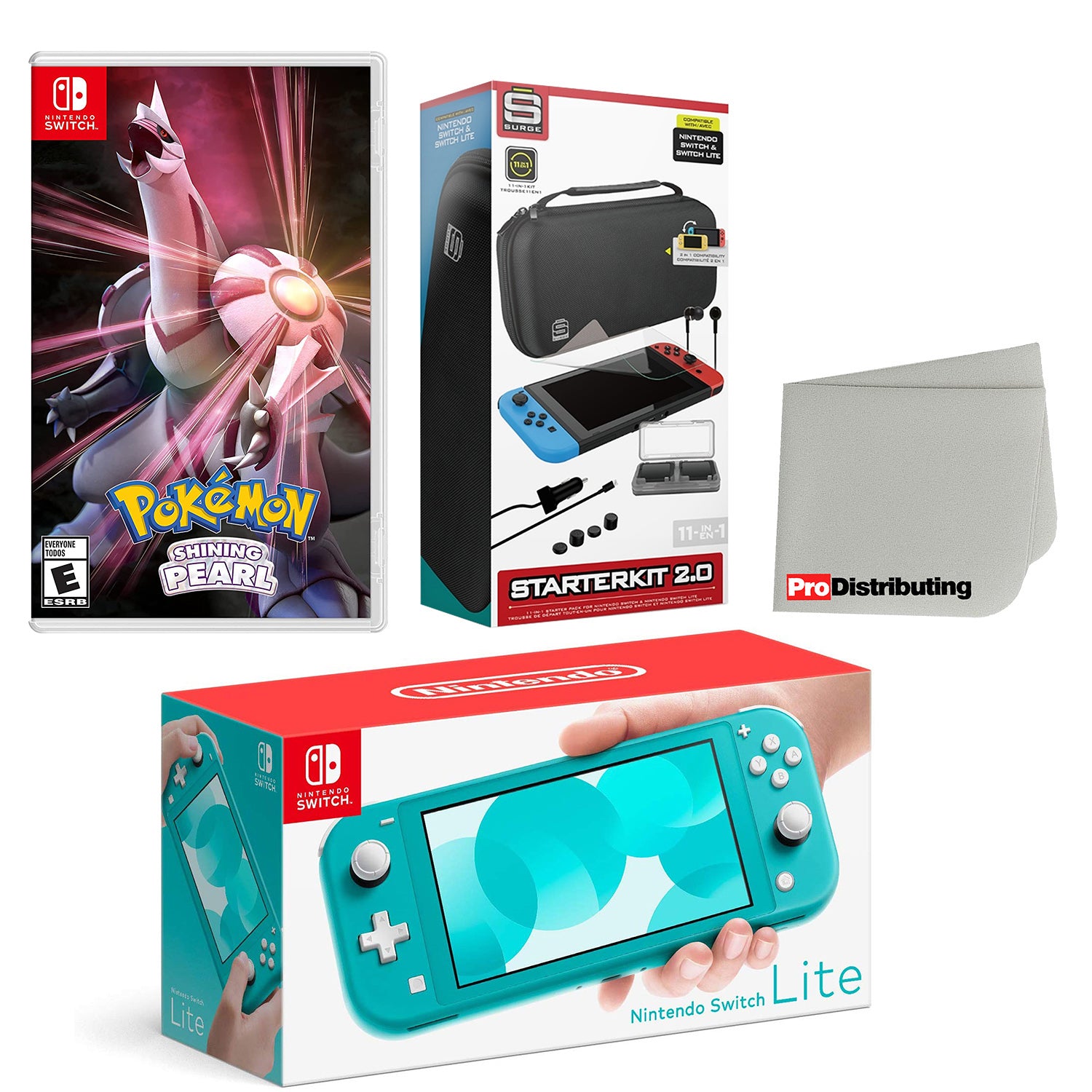 Nintendo Switch Lite Console Turquoise with Pokemon Shining Pearl, Accessory Starter Kit and Screen Cleaning Cloth Bundle - Pro-Distributing