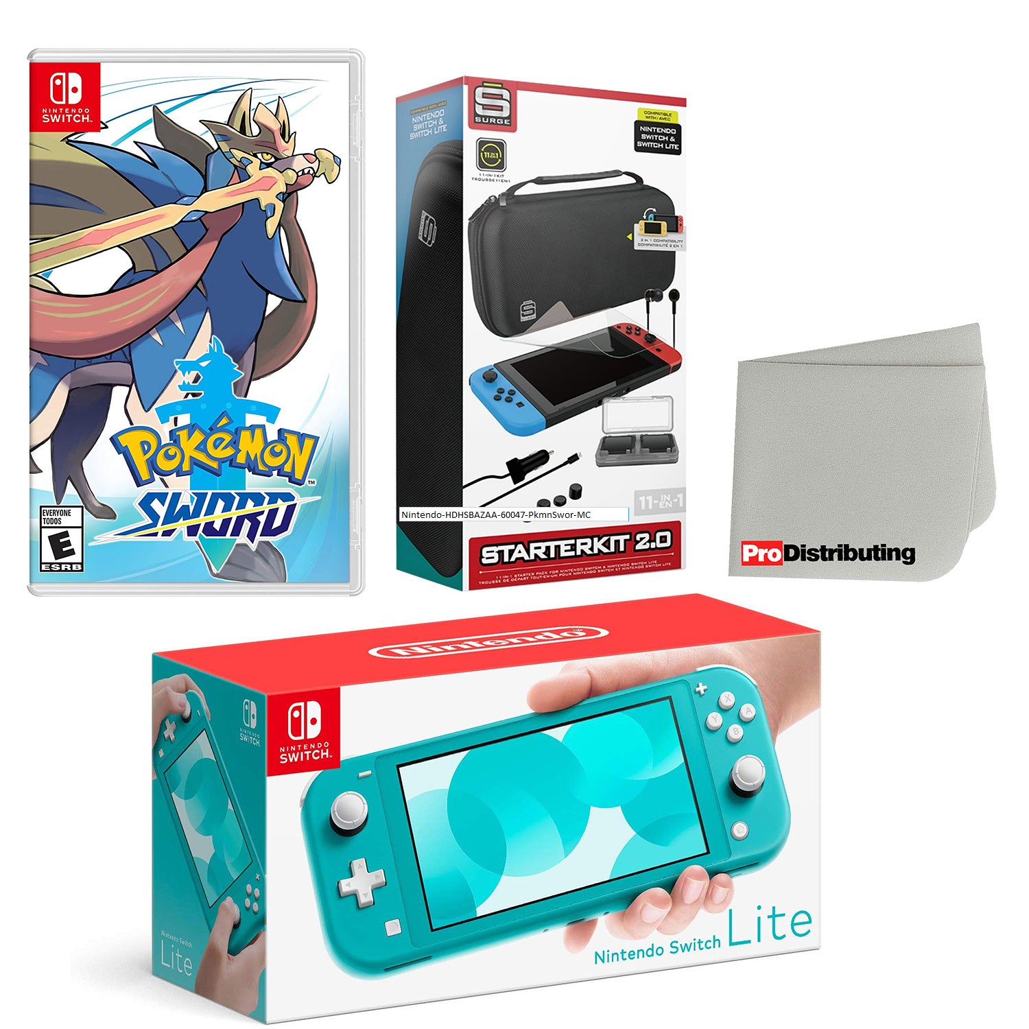 Nintendo Switch Lite Console Turquoise with Pokemon Sword, Accessory Starter Kit and Screen Cleaning Cloth Bundle - Pro-Distributing