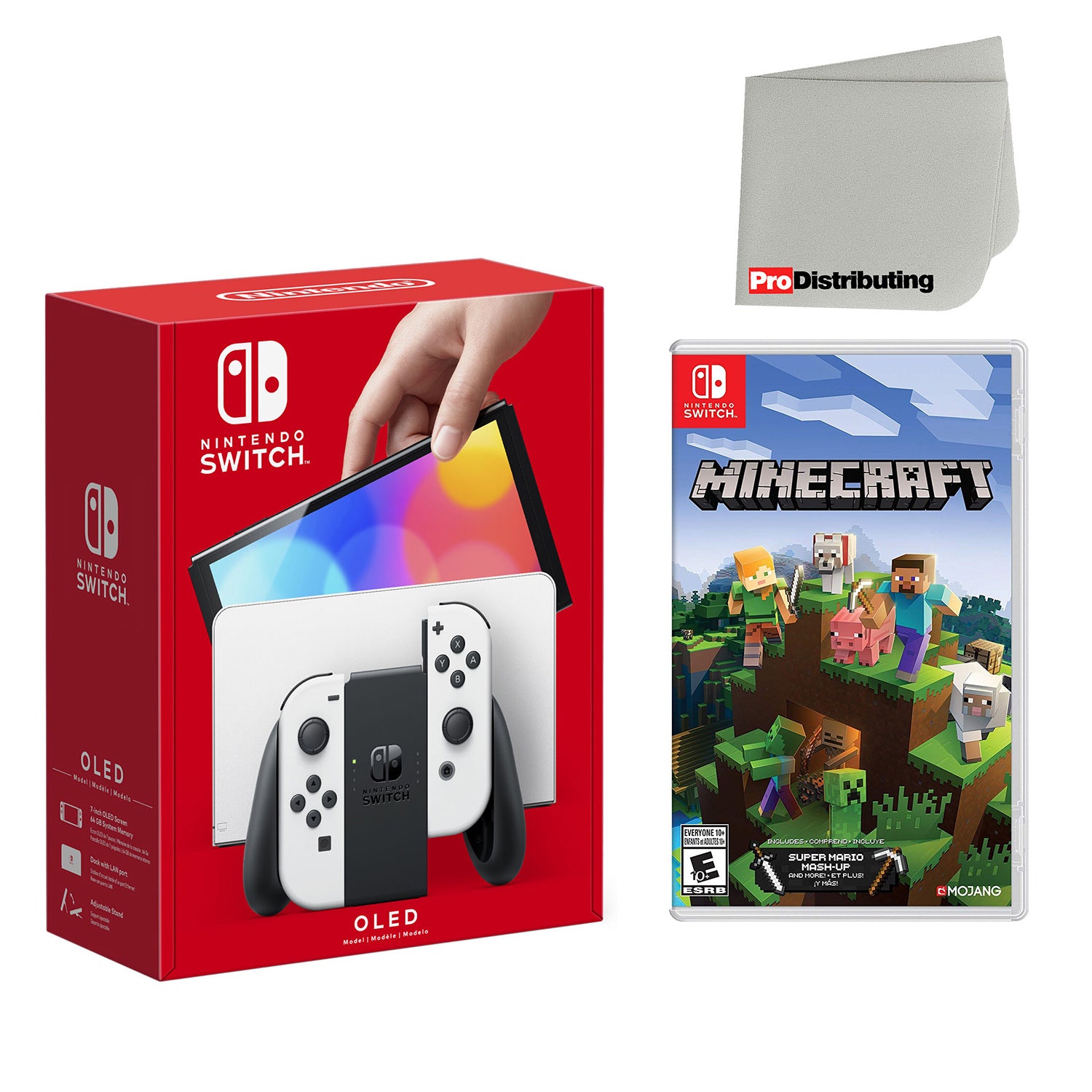 Nintendo Switch OLED Console White with Minecraft and Screen Cleaning Cloth - Pro-Distributing