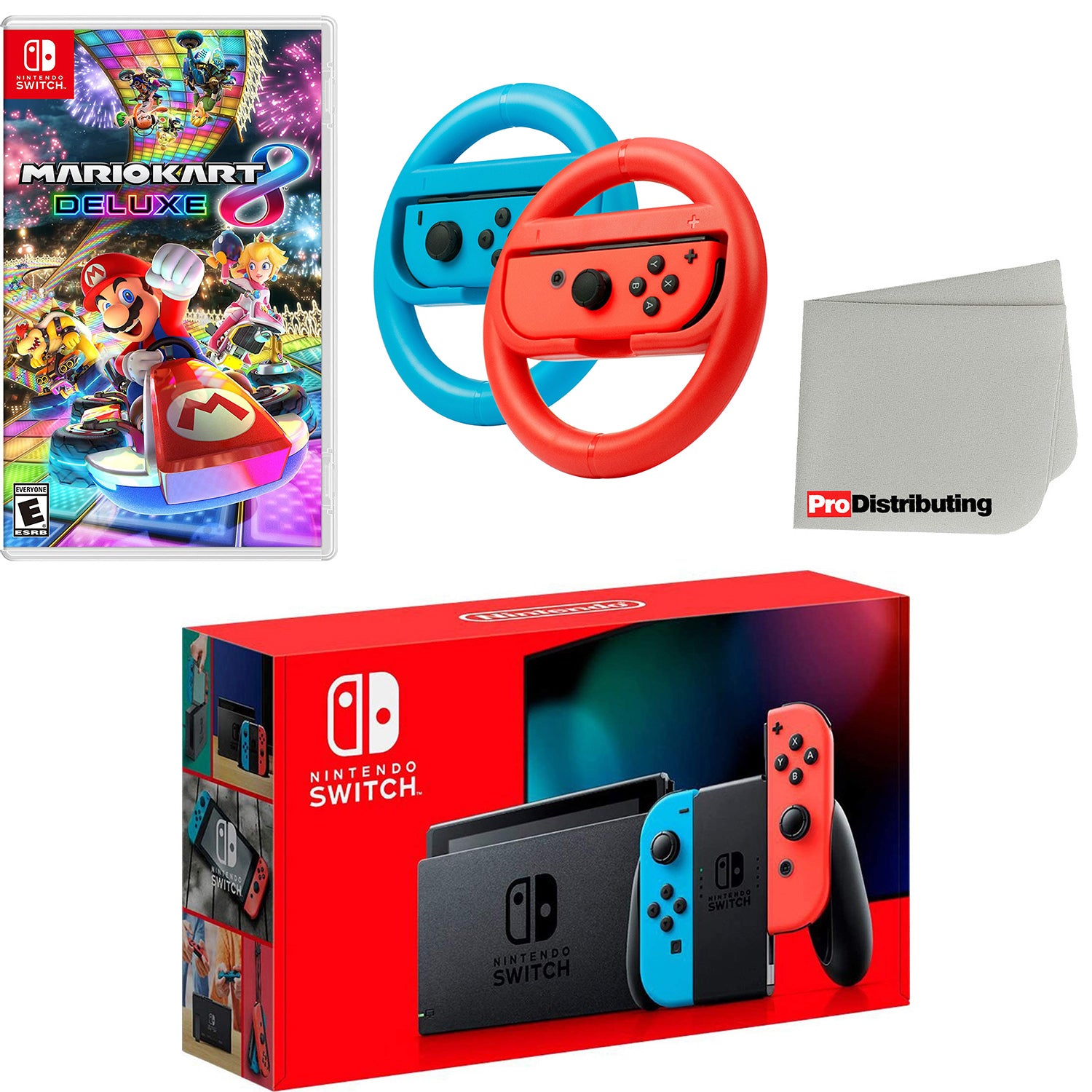 Nintendo Switch Console Neon Red & Blue with Mario Kart 8 Deluxe, Joy-Con Steering Wheel Set and Screen Cleaning Cloth - Pro-Distributing