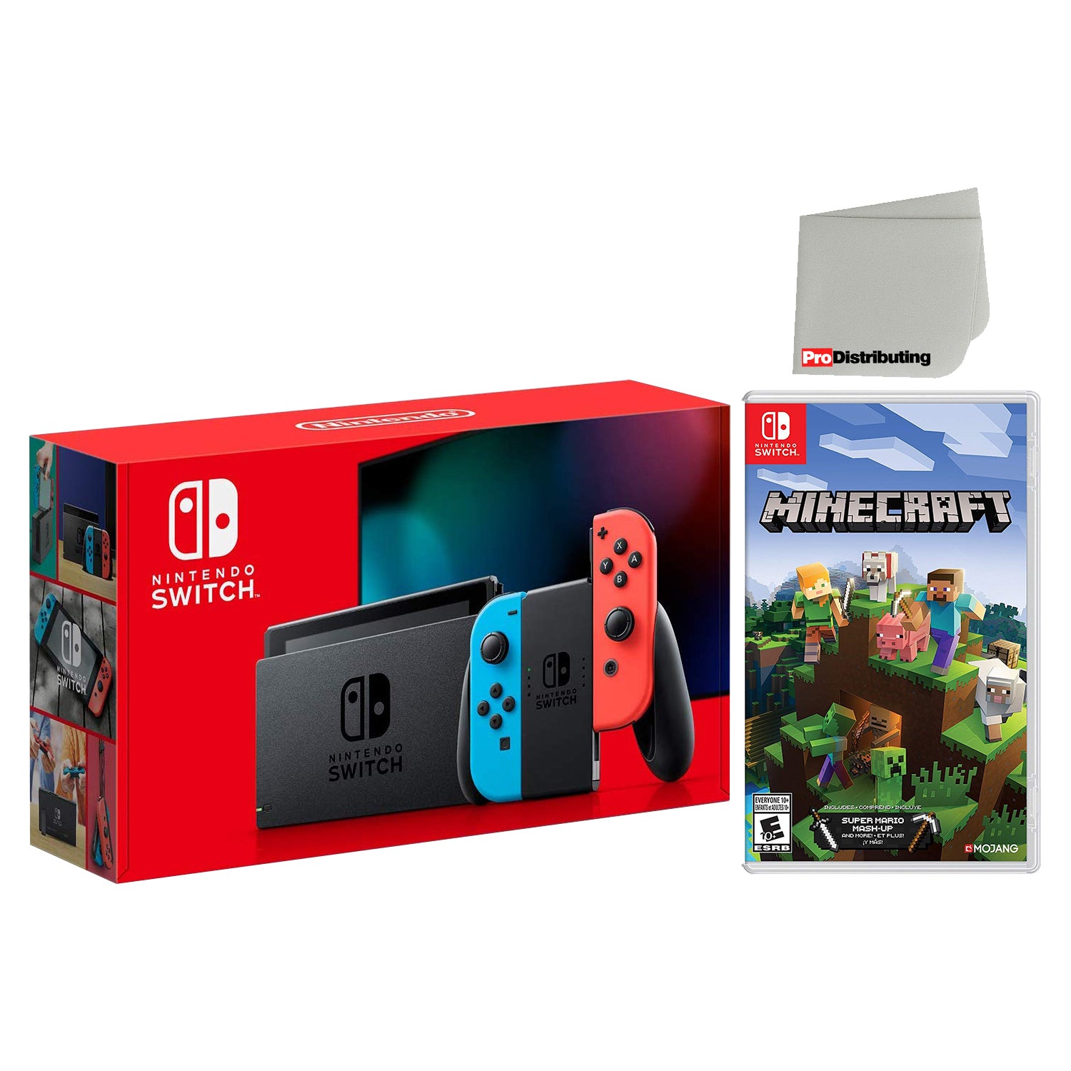 Nintendo Switch Console Neon Red & Blue with Extra Wireless Controller, Minecraft and Screen Cleaning Cloth - Pro-Distributing