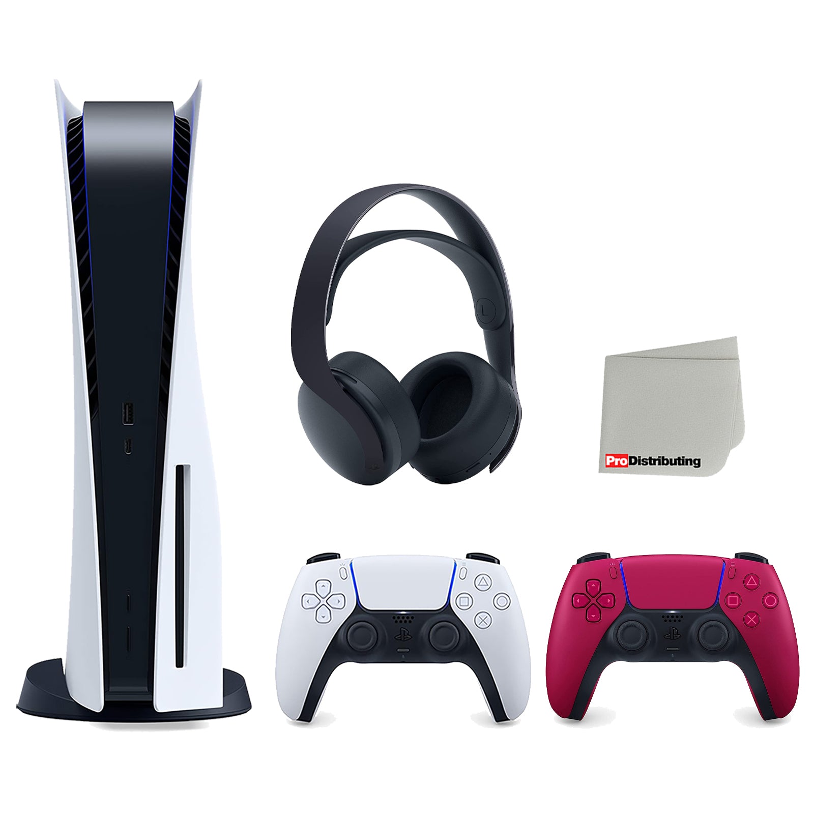 Sony Playstation 5 Disc Version Console (Japan Import) with Extra Red Controller and Black PULSE 3D Headset Bundle with Cleaning Cloth - Pro-Distributing