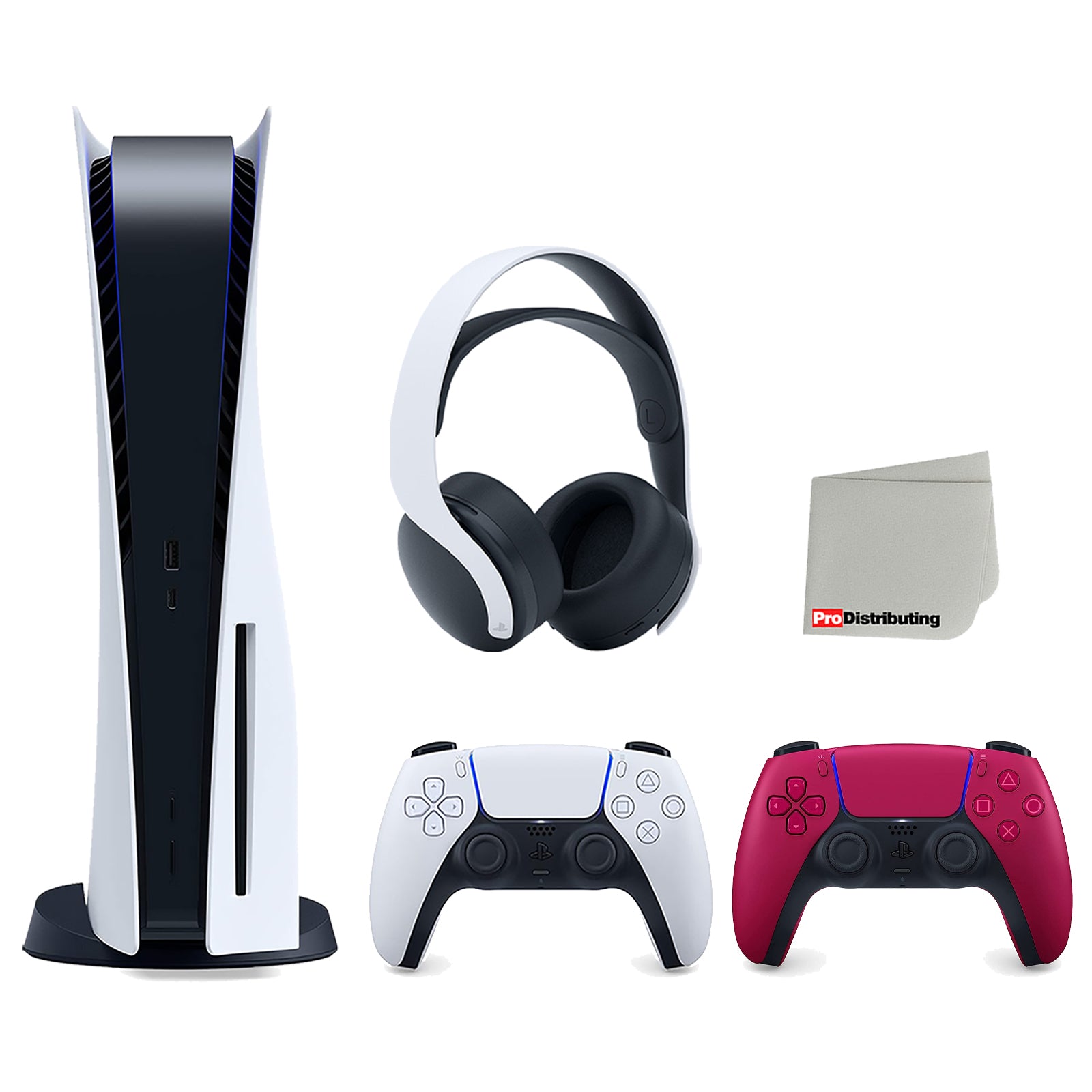 Sony Playstation 5 Disc Version Console (Japan Import) with Extra Red Controller and White PULSE 3D Headset Bundle with Cleaning Cloth - Pro-Distributing