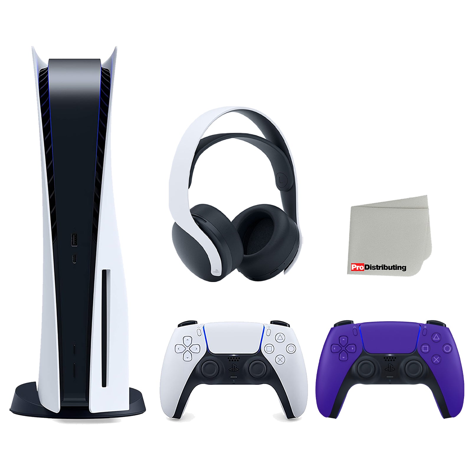 Sony Playstation 5 Disc Version Console (Japan Import) with Extra Purple Controller and White PULSE 3D Headset Bundle with Cleaning Cloth - Pro-Distributing