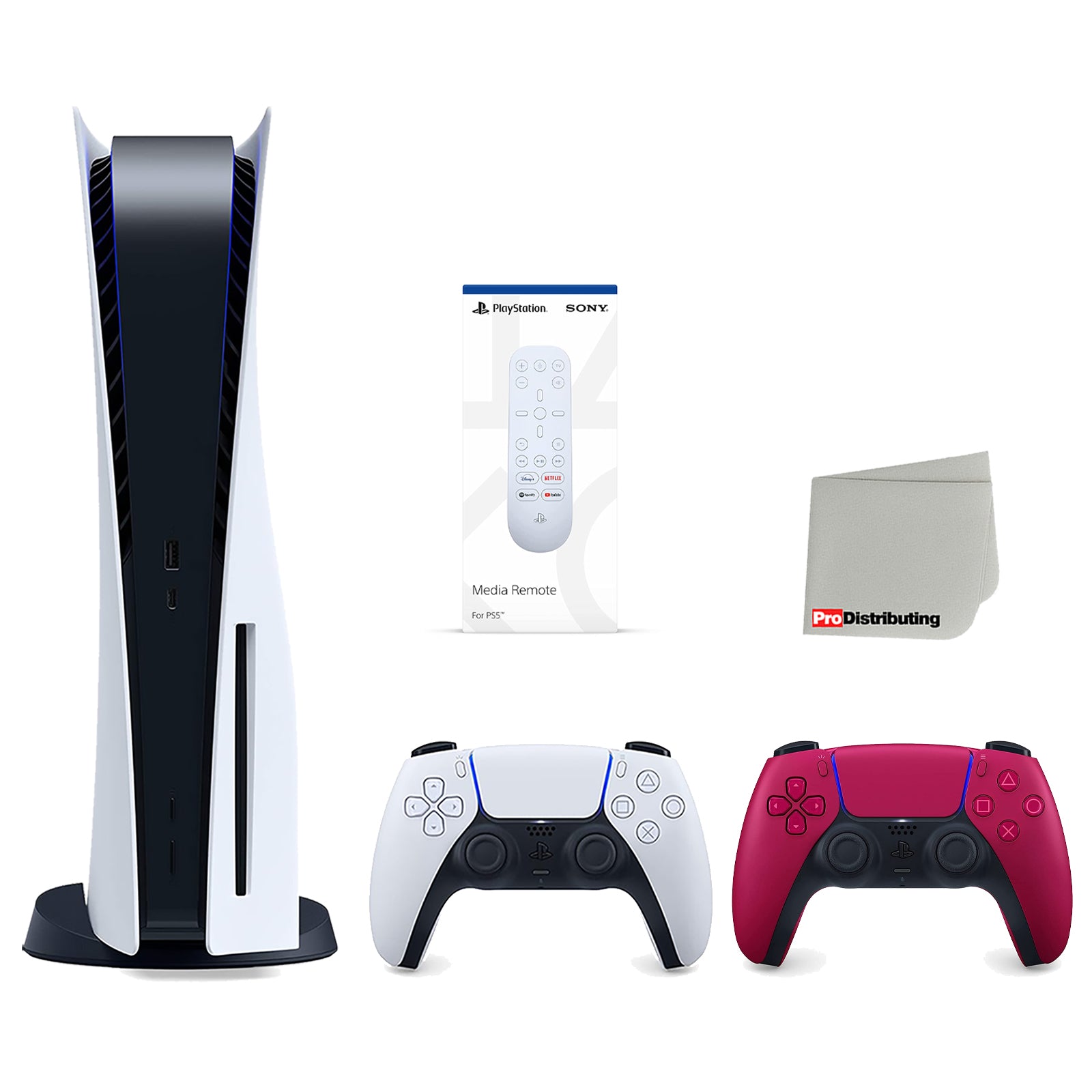 Sony Playstation 5 Disc Version Console (Japan Import) with Extra Red Controller and Media Remote Bundle with Cleaning Cloth - Pro-Distributing