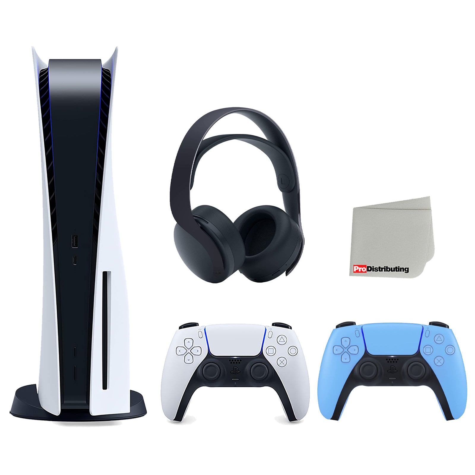 Sony Playstation 5 Disc Version Console (Japan Import) with Extra Blue Controller and Black PULSE 3D Headset Bundle with Cleaning Cloth - Pro-Distributing