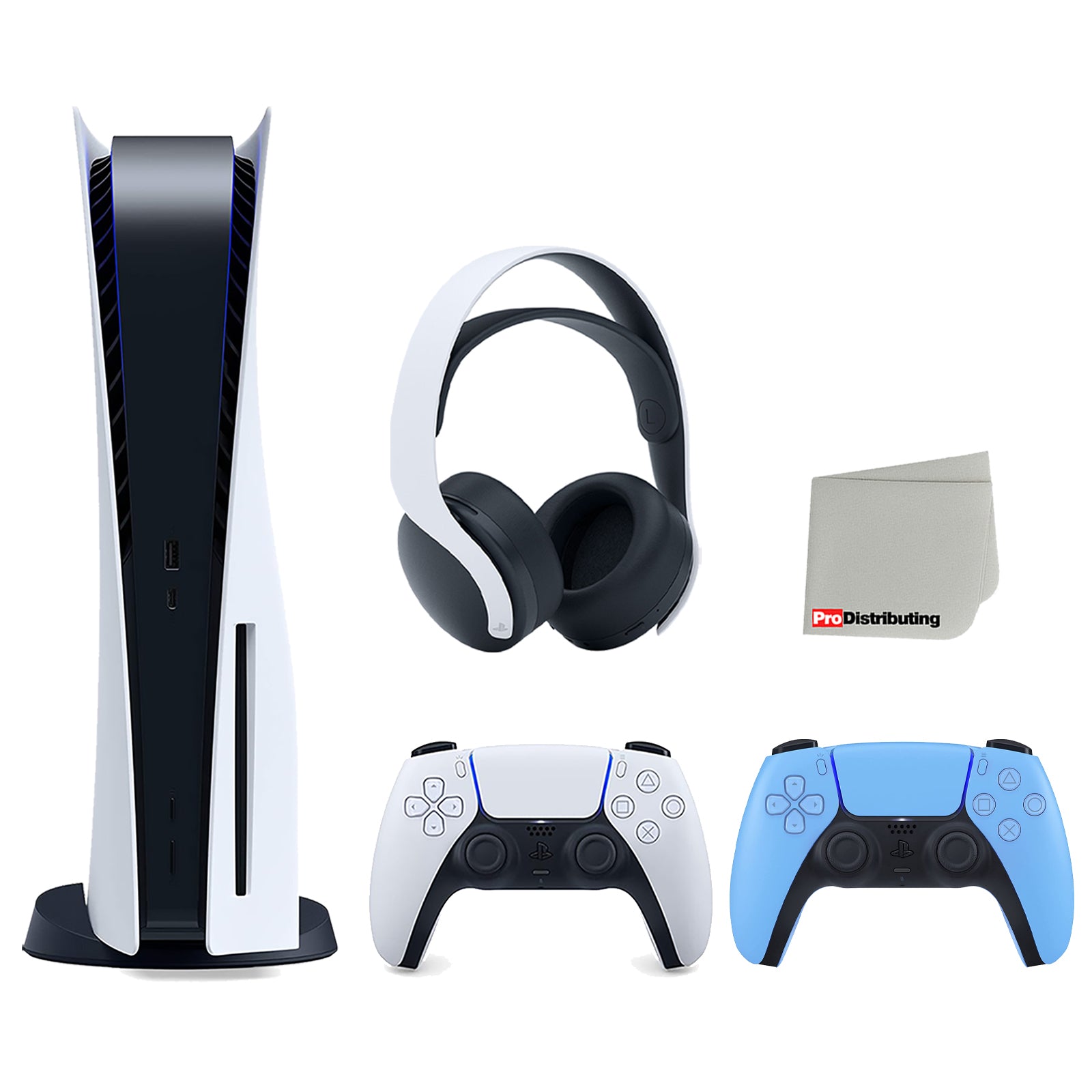 Sony Playstation 5 Disc Version Console (Japan Import) with Extra Blue Controller and White PULSE 3D Headset Bundle with Cleaning Cloth - Pro-Distributing