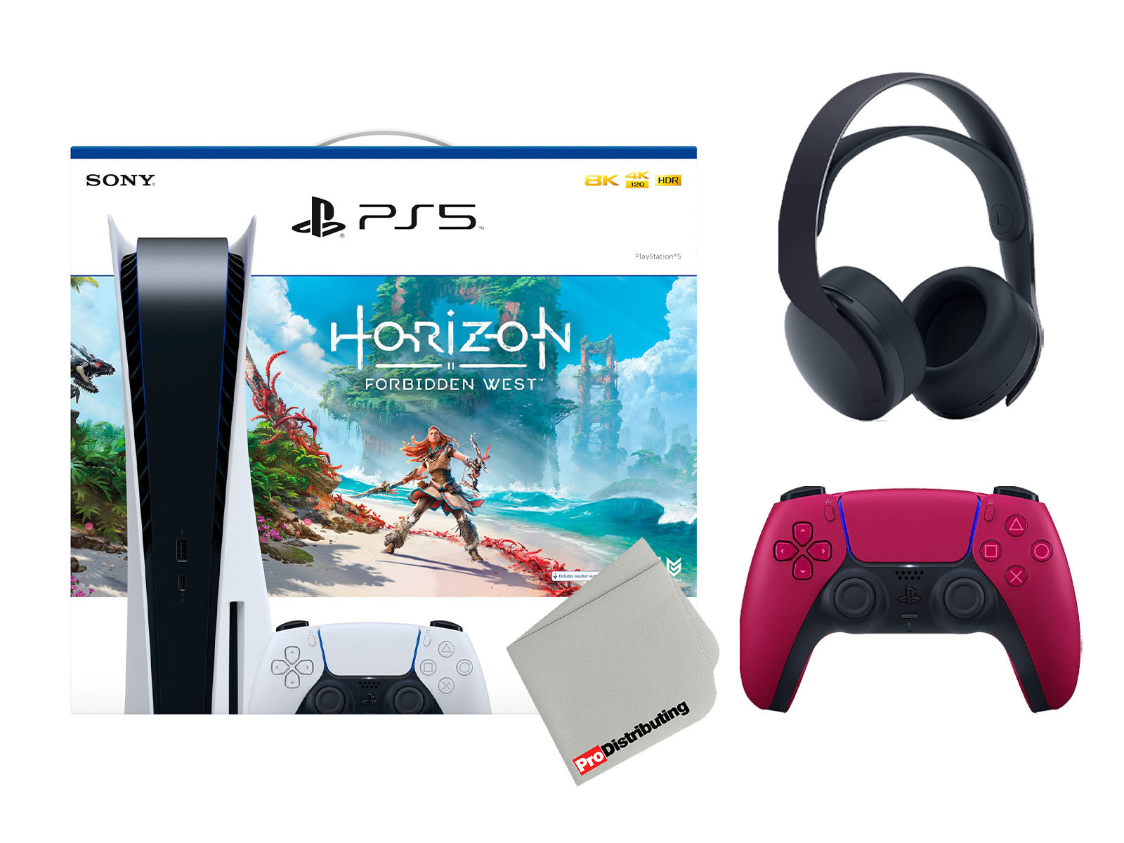 Sony Playstation 5 Disc Edition Horizon Forbidden West Bundle with Extra Red Controller, Black PULSE 3D Wireless Gaming Headset and Microfiber Cleaning Cloth - Pro-Distributing