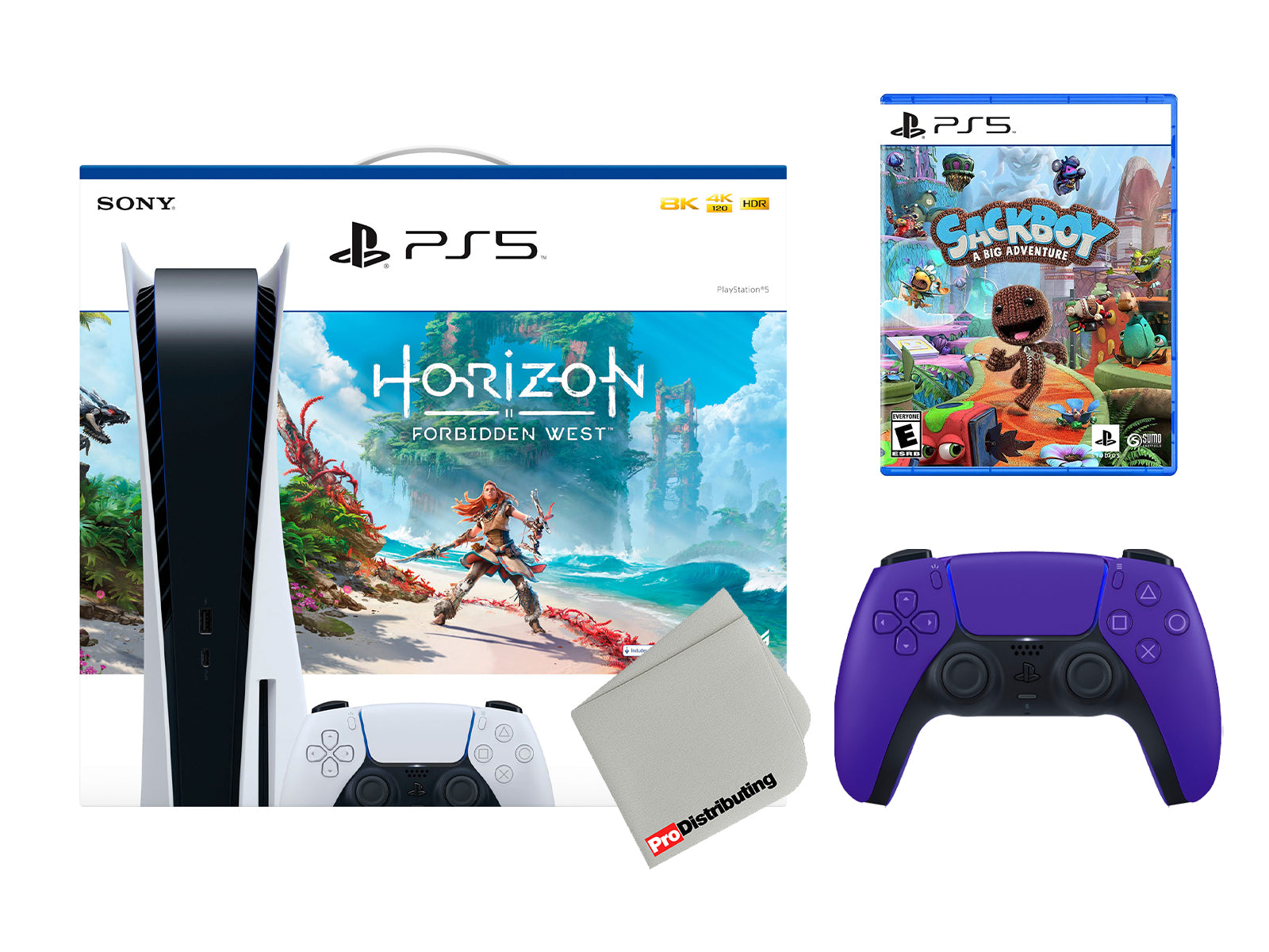 Sony Playstation 5 Disc Edition Horizon Forbidden West Bundle with Extra Purple Controller, Sackboy: A Big Adventure and Microfiber Cleaning Cloth - Pro-Distributing