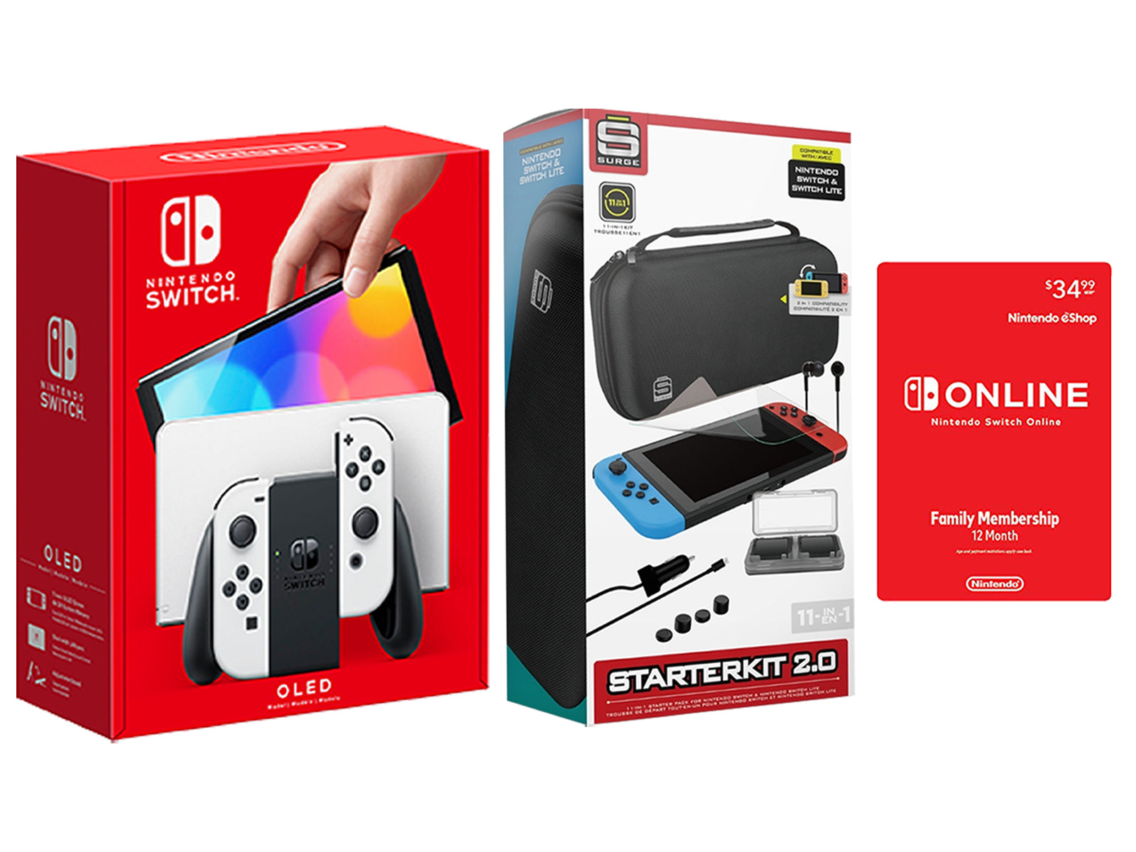 Nintendo Switch OLED 64GB Console White Joy-Con Bundle with Online 12 Month Family Membership and Surge 11-In-1 Accessory Starter Pack - Pro-Distributing