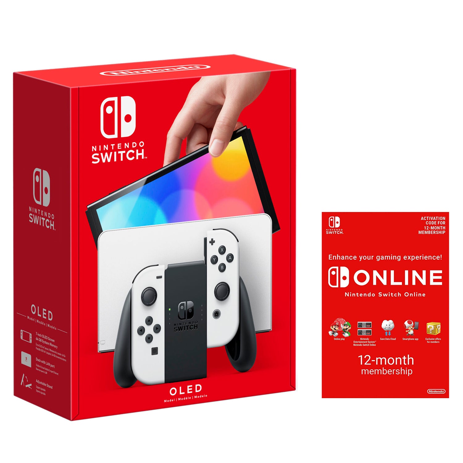 Nintendo Switch OLED 64GB Console White Joy-Con Bundle with Online 12 Month Family Membership Bundle - Pro-Distributing