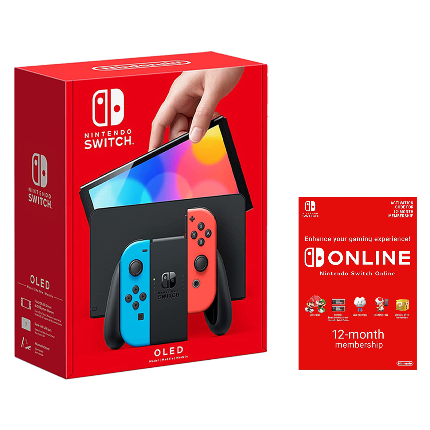 Nintendo Switch OLED 64GB Console Neon Red/Blue Joy-Con Bundle with Online 12 Month Family Membership Bundle - Pro-Distributing