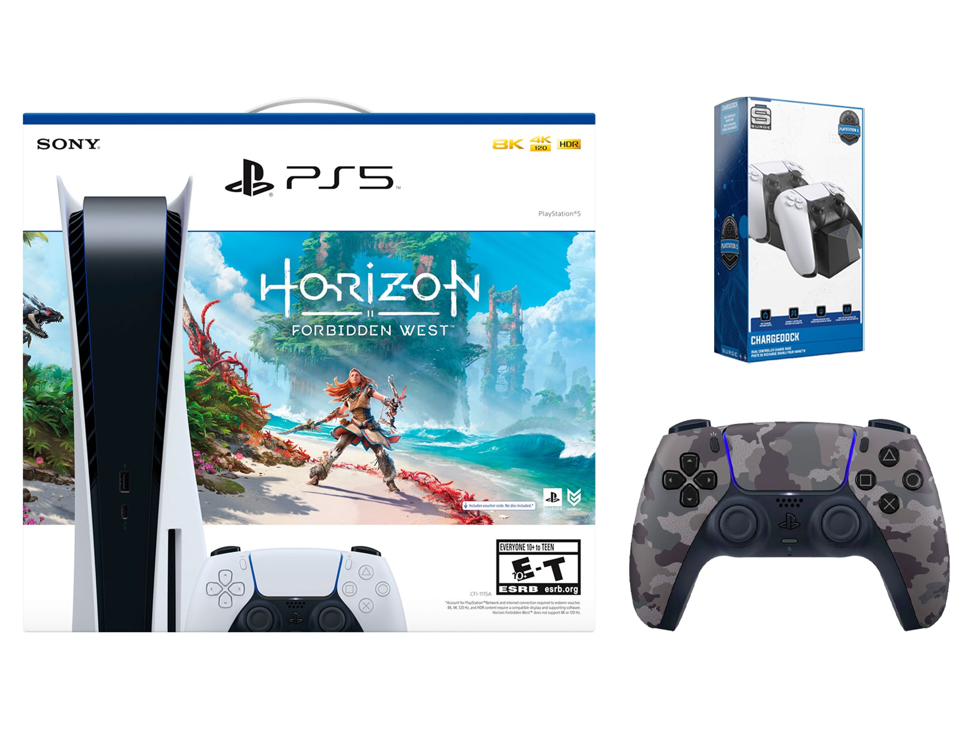 Sony Playstation 5 Horizon Forbidden West Disc Edition with Extra Gray Camo Controller and Dual Charging Dock Bundle - Pro-Distributing