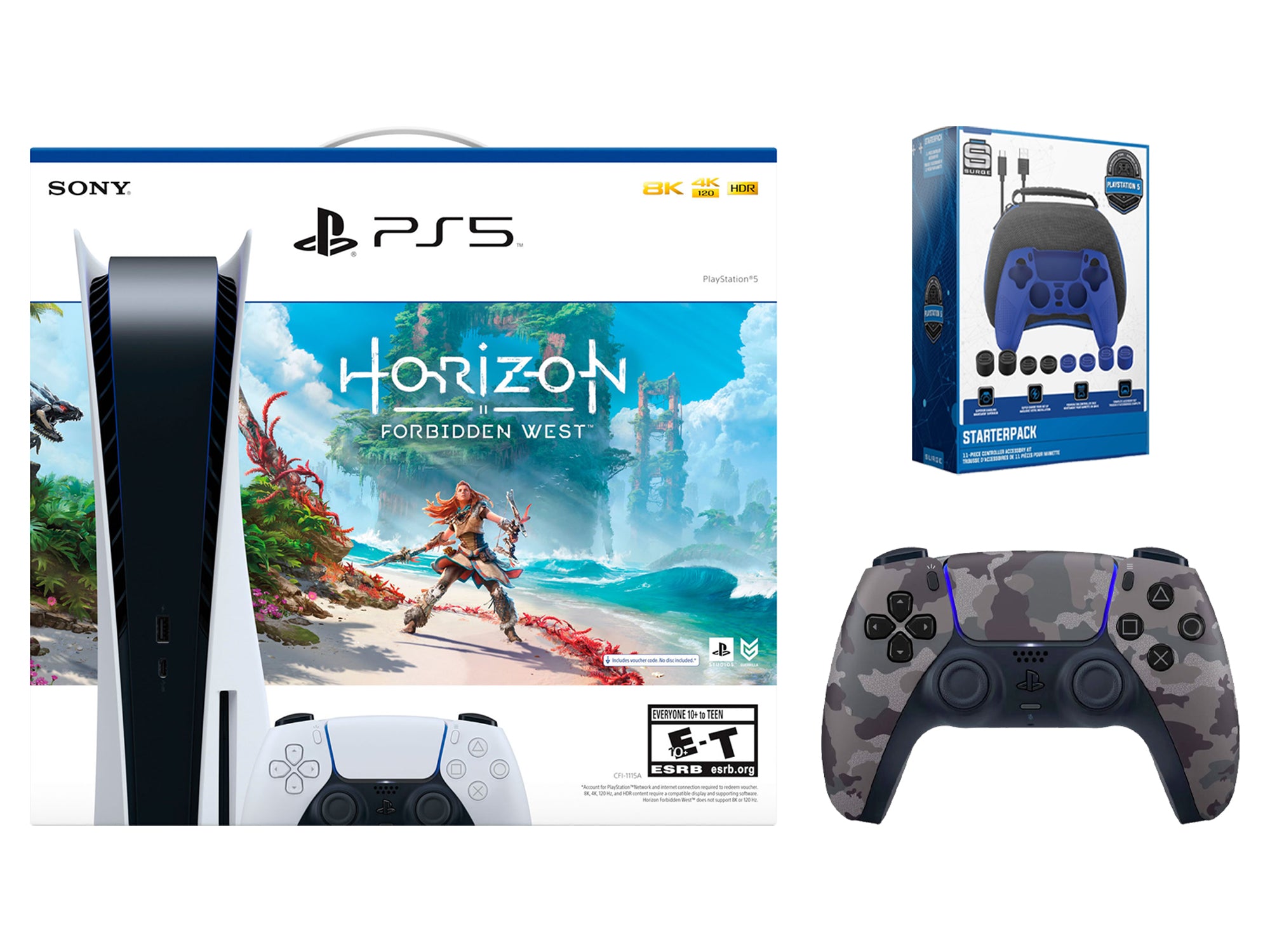 Sony Playstation 5 Horizon Forbidden West Disc Edition with Extra Gray Camo Controller and Starter Pack Kit Bundle - Pro-Distributing