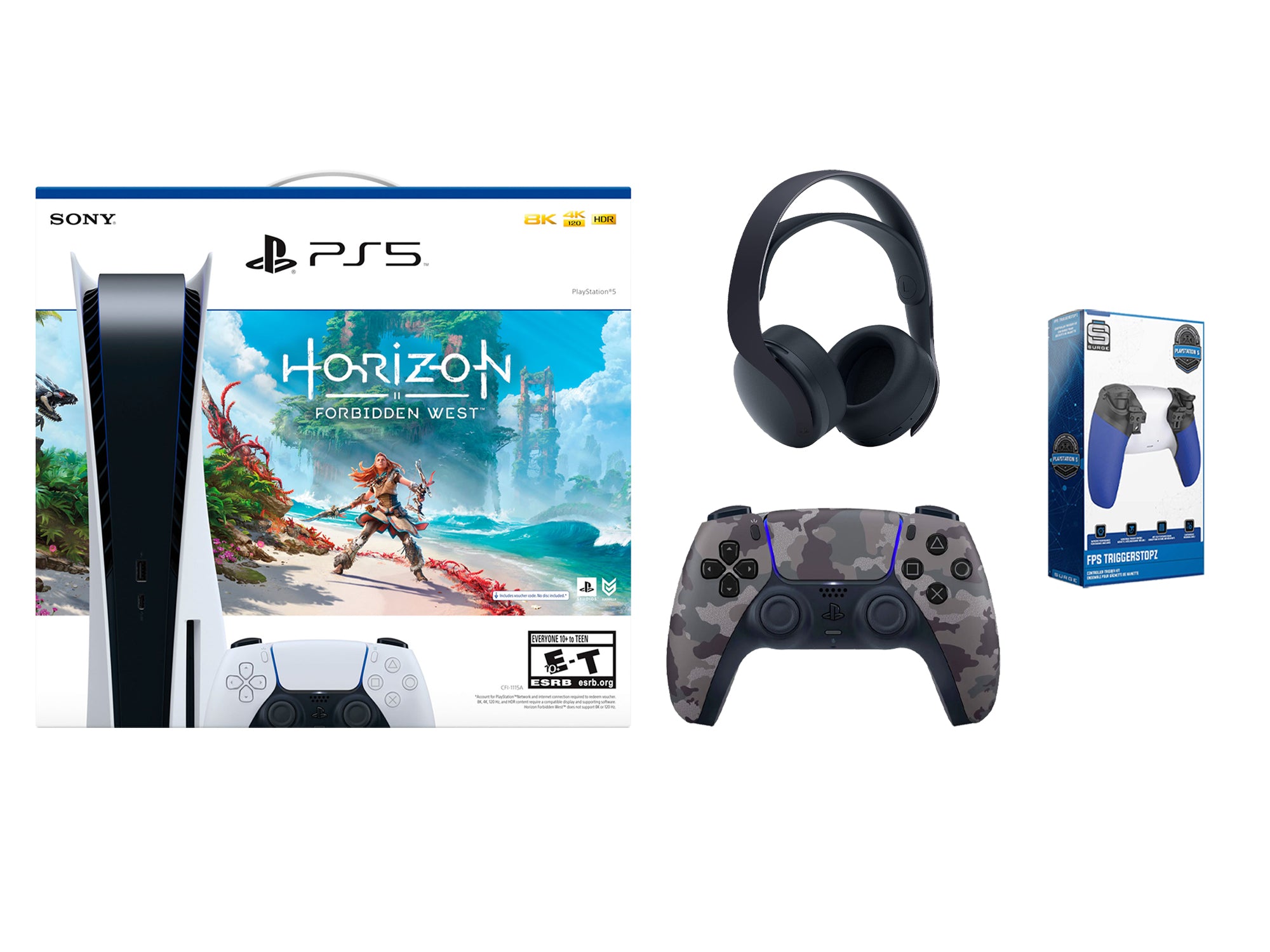 Sony Playstation 5 Disc Edition Horizon Forbidden West Bundle with Extra Gray Camo Controller, Black PULSE 3D Wireless Headset and Trigger Kit - Pro-Distributing