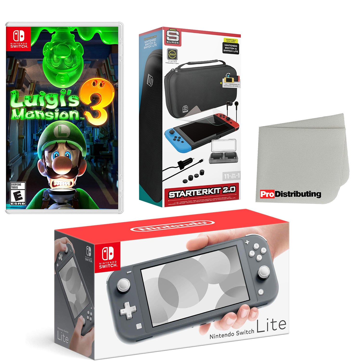 Nintendo Switch Lite Console Gray with Luigi's Mansion 3, Accessory Starter Kit and Screen Cleaning Cloth Bundle - Pro-Distributing