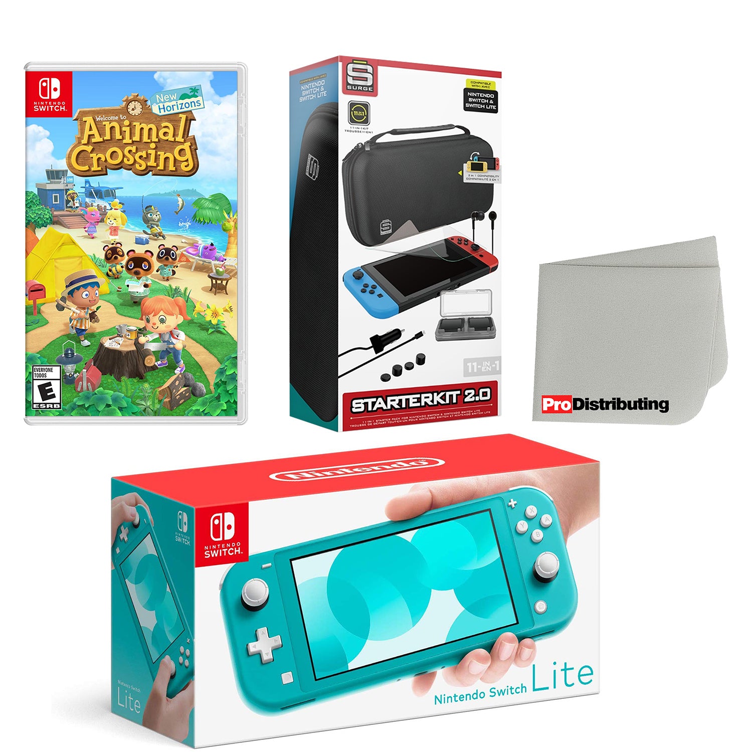 Nintendo Switch Lite Console Turquoise with Animal Crossing: New Horizons, Accessory Starter Kit and Screen Cleaning Cloth Bundle - Pro-Distributing