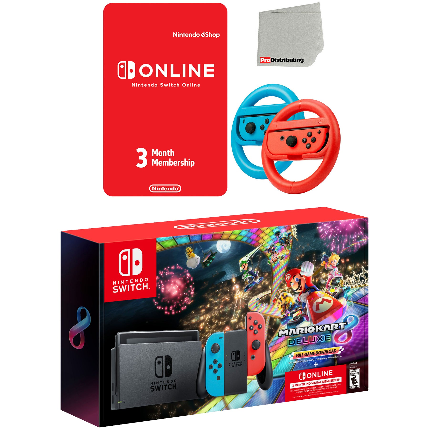 Nintendo Switch Neon with Mario Kart 8 Deluxe Game + 3 Month Online Membership + Steering Wheel Set and Microfiber Screen Cleaning Cloth Bundle - Pro-Distributing