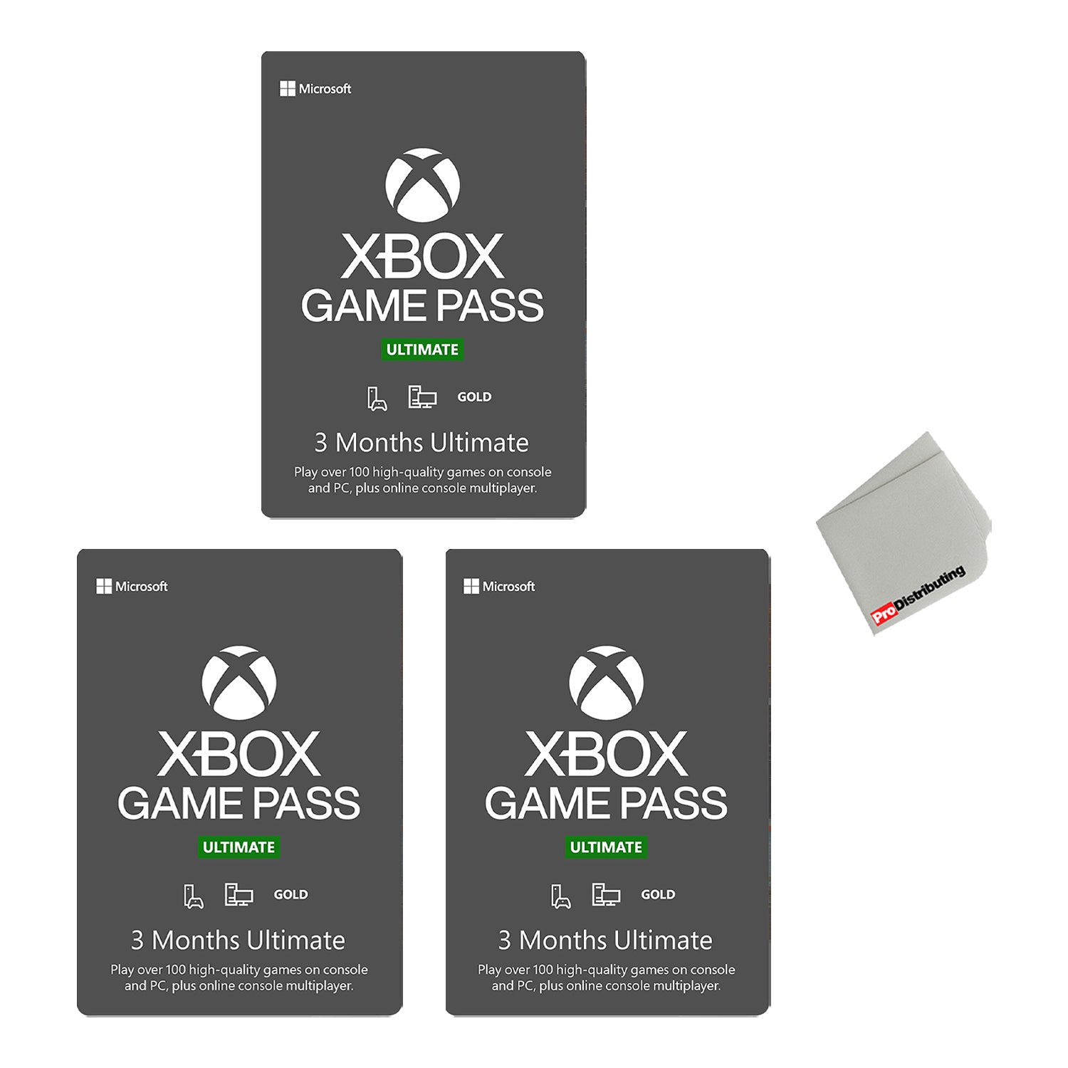 3-Pack Xbox Game Pass Ultimate: 3 Month Membership - Physical Card with Microfiber Cleaning Cloth - Pro-Distributing