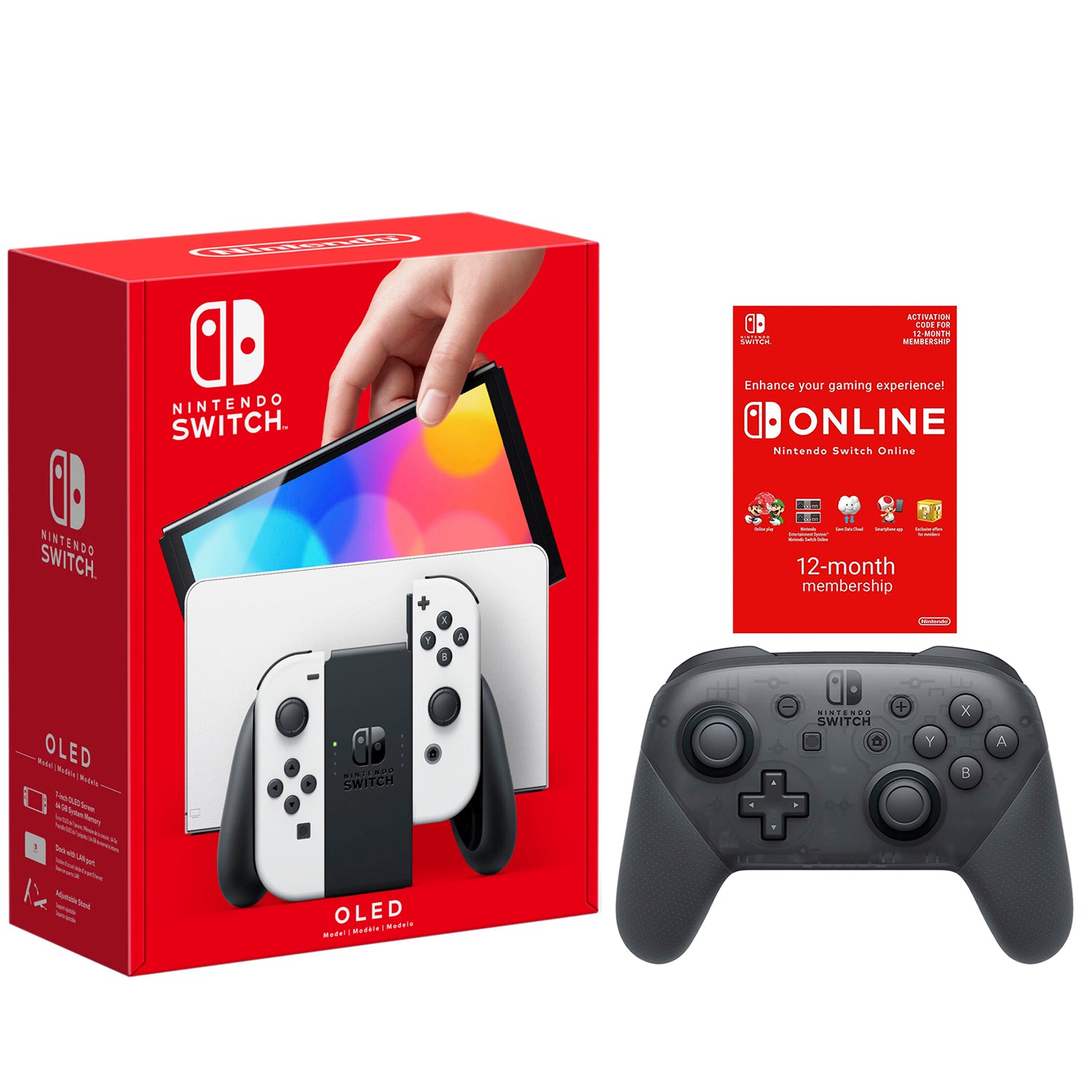 Nintendo Switch OLED 64GB Console White Joy-Con Bundle with Online 12 Month Family Membership, Pro Controller and Cleaning Cloth - Pro-Distributing