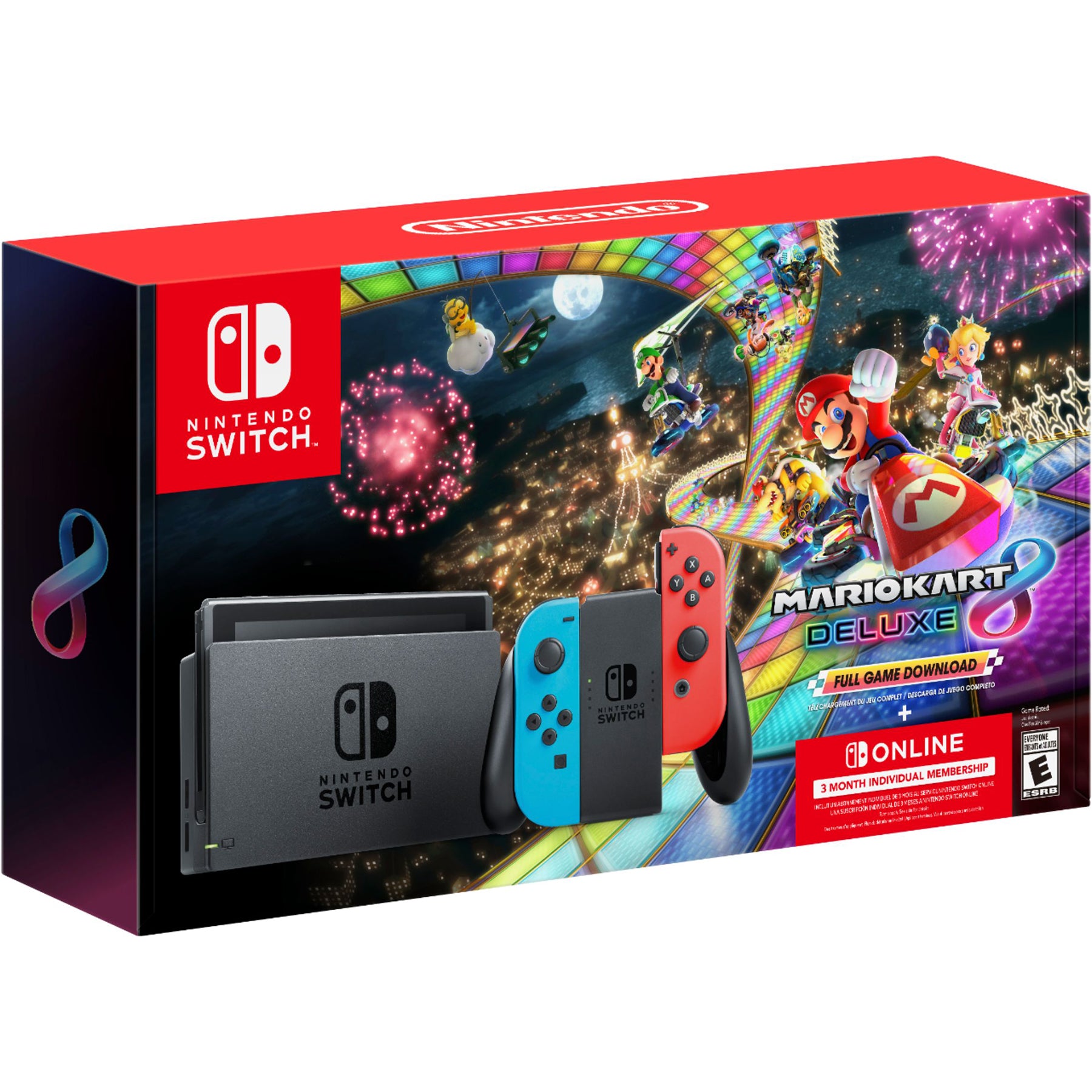 Nintendo Switch Neon with Mario Kart 8 Deluxe Game + 3 Month Online Membership + Steering Wheel Set and Microfiber Screen Cleaning Cloth Bundle - Pro-Distributing