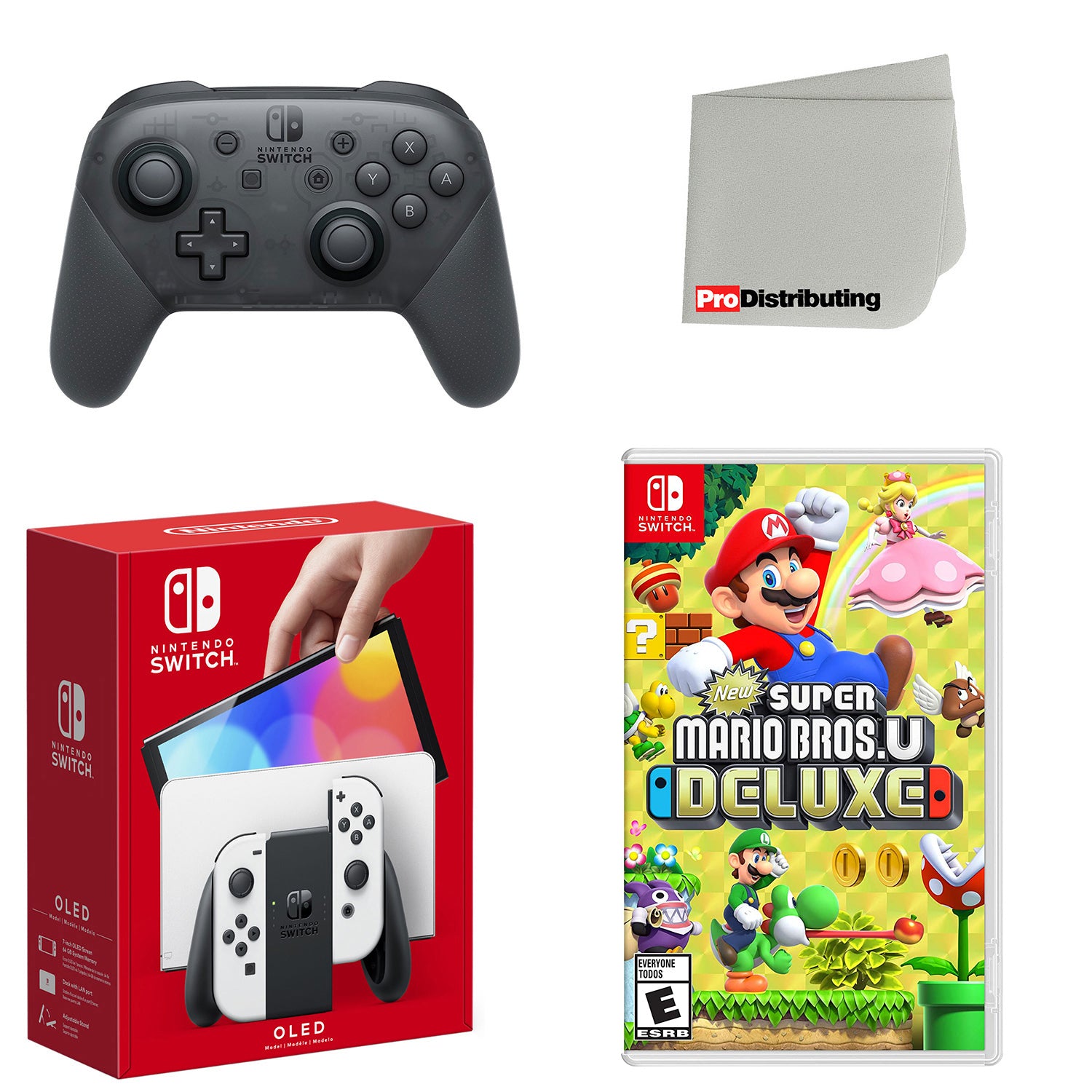 Nintendo Switch OLED Console White with Extra Wireless Controller, New Super Mario Bros. U Deluxe and Screen Cleaning Cloth - Pro-Distributing