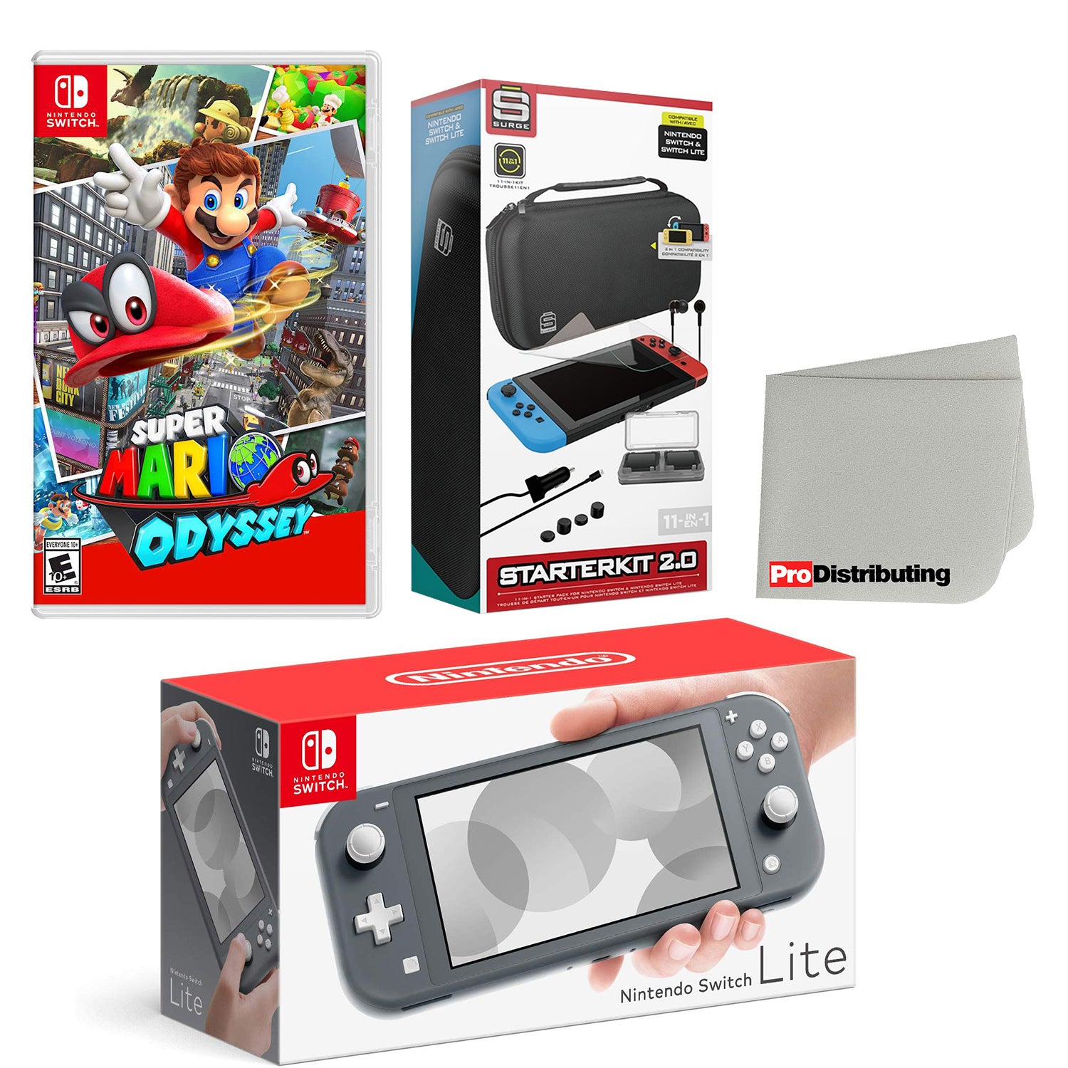 Nintendo Switch Lite Console Gray with Super Mario Odyssey, Accessory Starter Kit and Screen Cleaning Cloth Bundle - Pro-Distributing