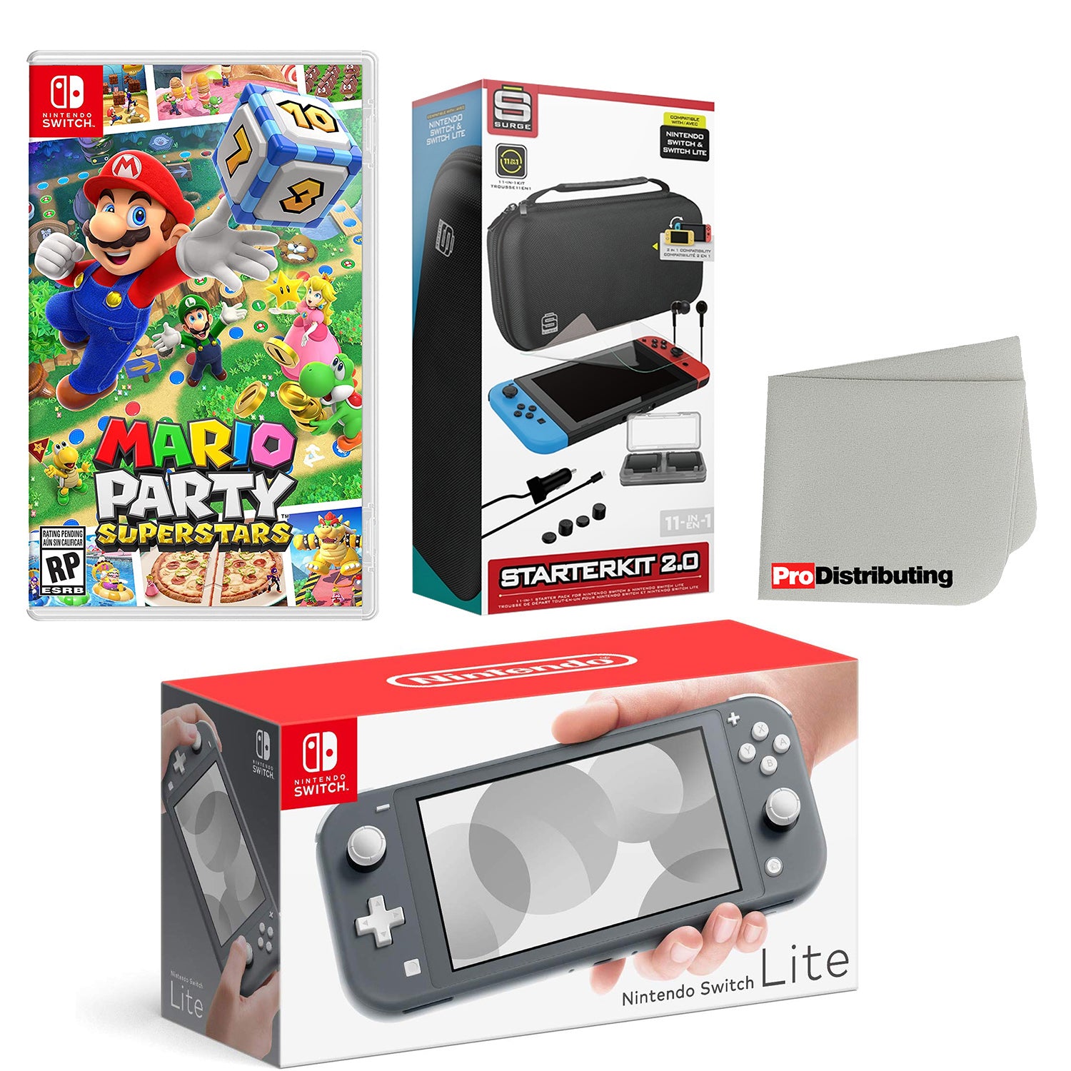 Nintendo Switch Lite Console Gray with Mario Party Superstars, Accessory Starter Kit and Screen Cleaning Cloth Bundle - Pro-Distributing