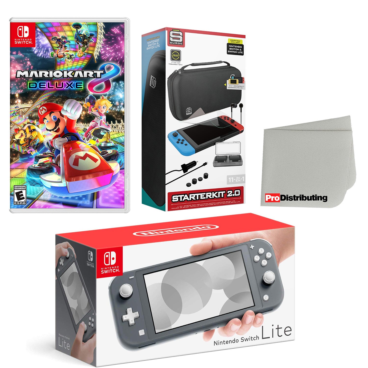 Nintendo Switch Lite Console Gray with Mario Kart 8 Deluxe, Accessory Starter Kit and Screen Cleaning Cloth Bundle - Pro-Distributing