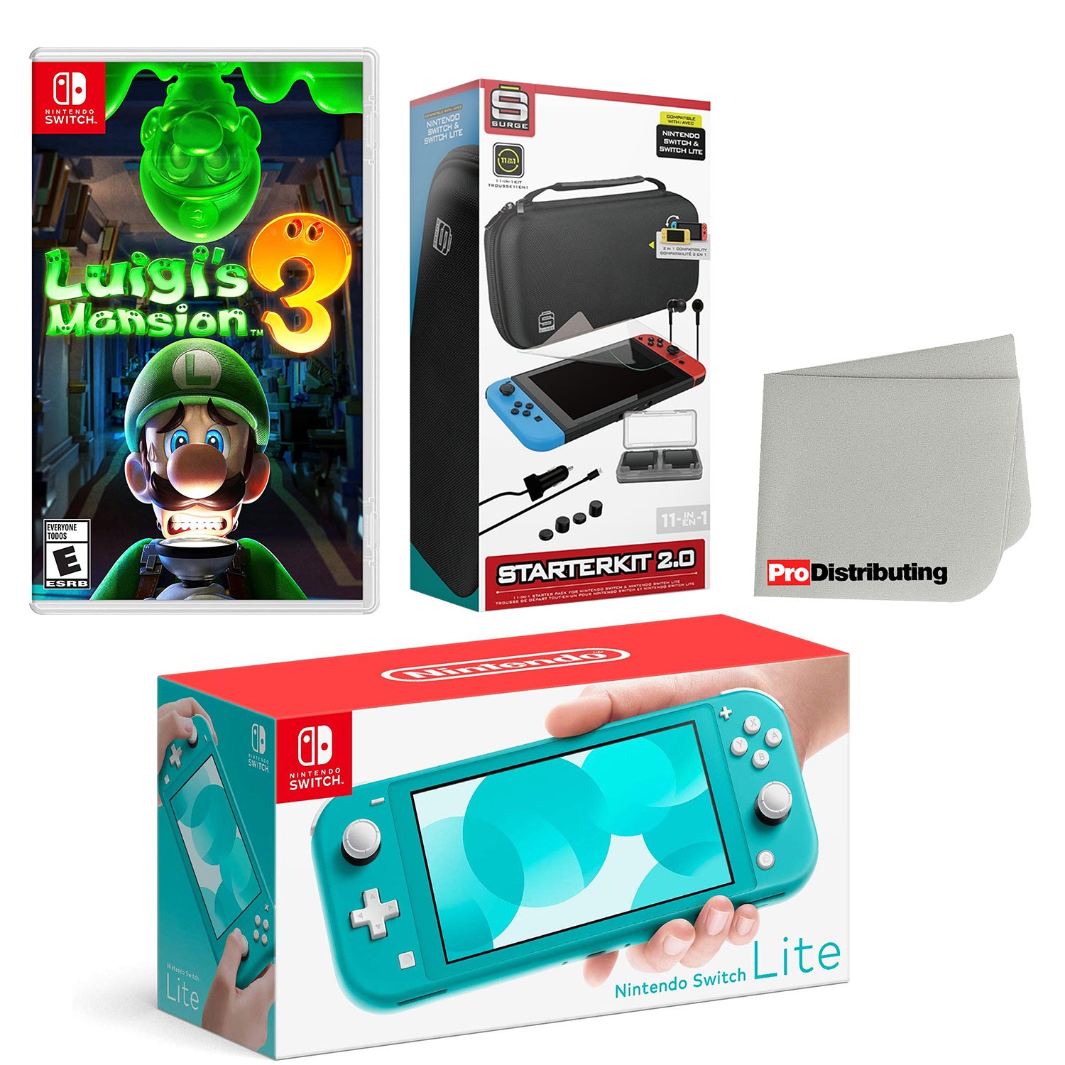 Nintendo Switch Lite Console Turquoise with Luigi's Mansion 3, Accessory Starter Kit and Screen Cleaning Cloth Bundle - Pro-Distributing