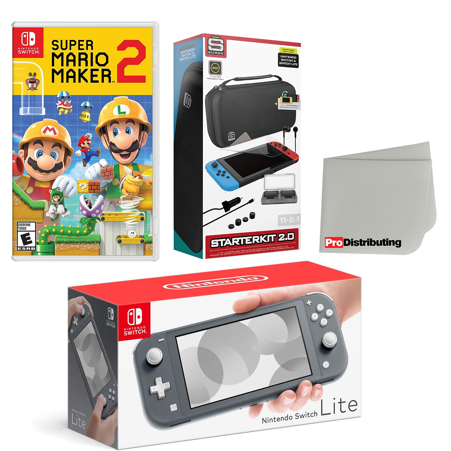 Nintendo Switch Lite Console Gray with Super Mario Maker 2, Accessory Starter Kit and Screen Cleaning Cloth Bundle - Pro-Distributing