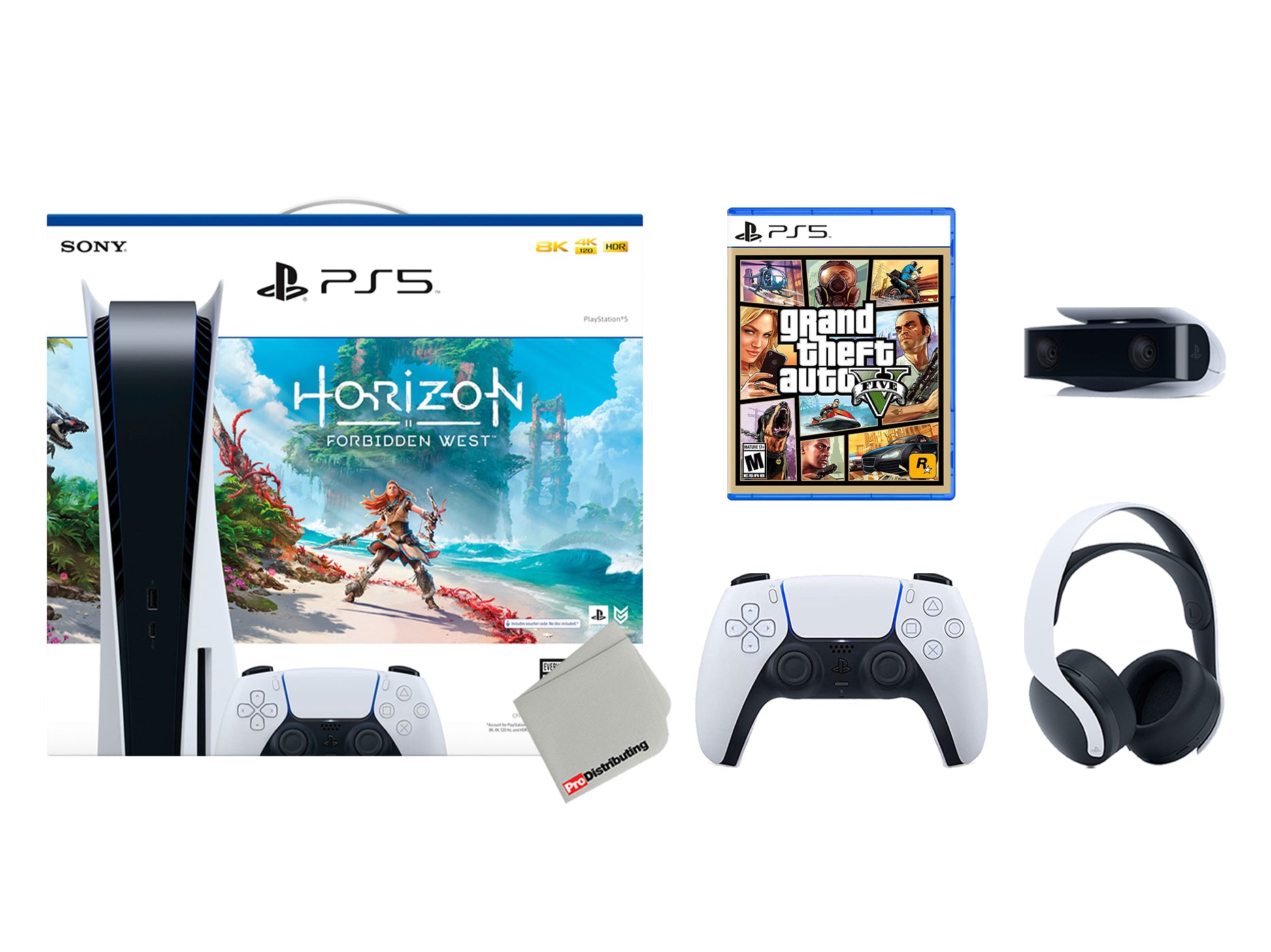 Sony Playstation 5 Disc Horizon Forbidden West Bundle with Extra Glacier White Controller, White PULSE 3D Headset, Grand Theft Auto V and Camera - Pro-Distributing