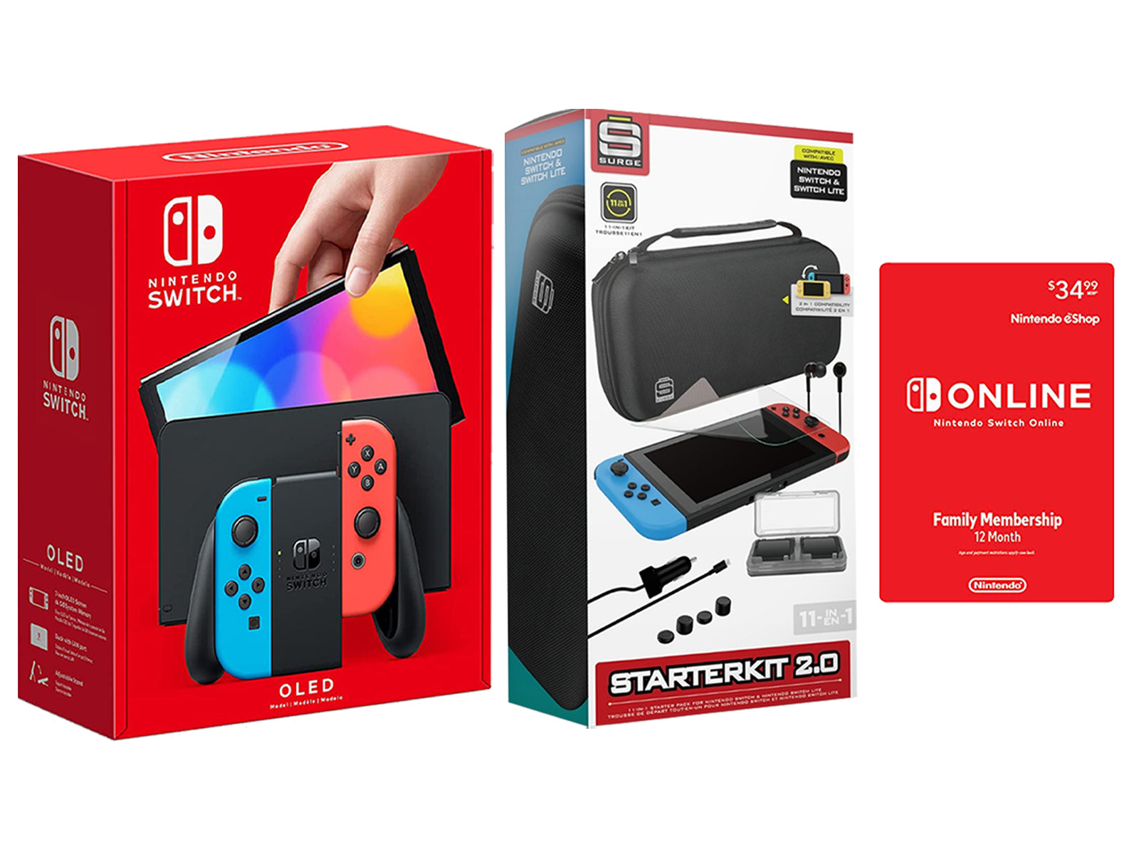 Nintendo Switch OLED 64GB Console Neon Red/Blue Joy-Con Bundle with Online 12 Month Family Membership and Surge 11-In-1 Accessory Starter Pack - Pro-Distributing