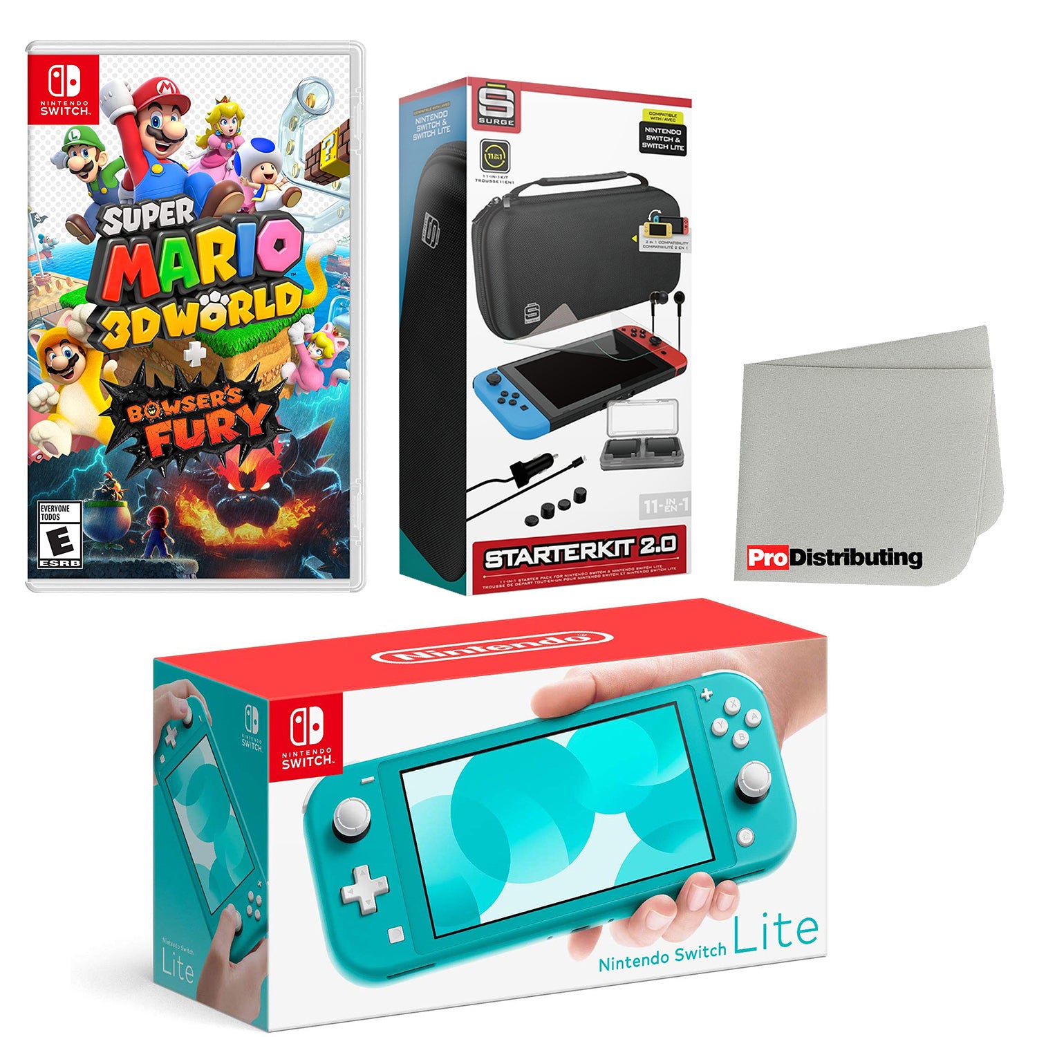 Nintendo Switch Lite Console Turquoise with Super Mario 3D World + Bowser’s Fury, Accessory Starter Kit and Screen Cleaning Cloth Bundle - Pro-Distributing