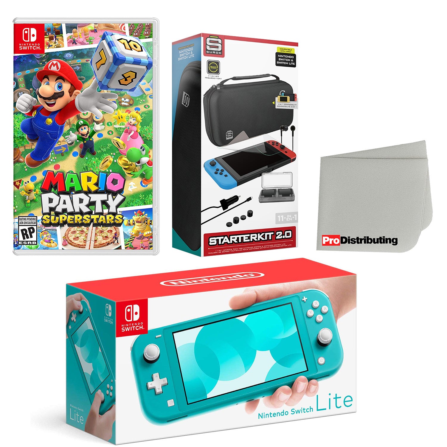 Nintendo Switch Lite Console Turquoise with Mario Party Superstars, Accessory Starter Kit and Screen Cleaning Cloth Bundle - Pro-Distributing