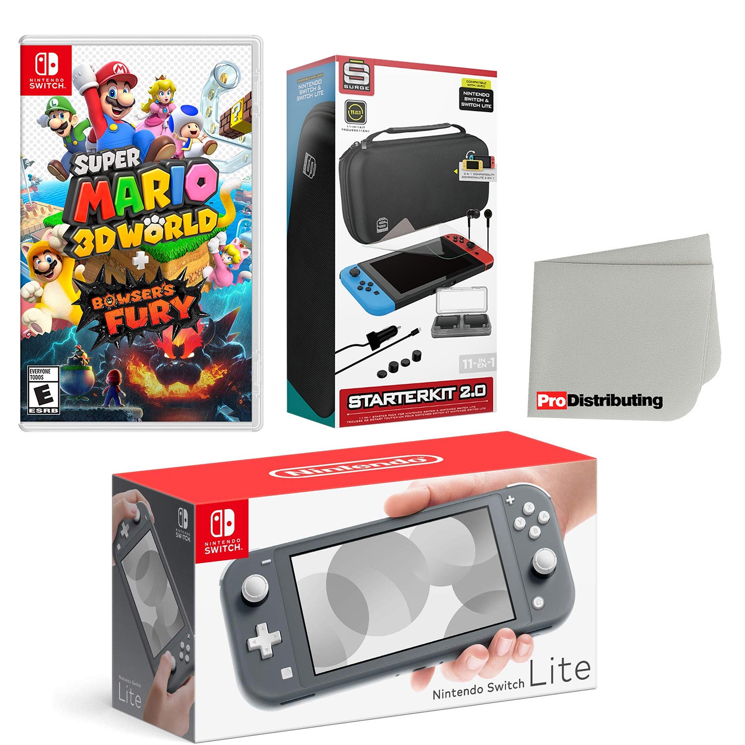 Nintendo Switch Lite Console Gray with Super Mario 3D World + Bowser’s Fury, Accessory Starter Kit and Screen Cleaning Cloth Bundle - Pro-Distributing