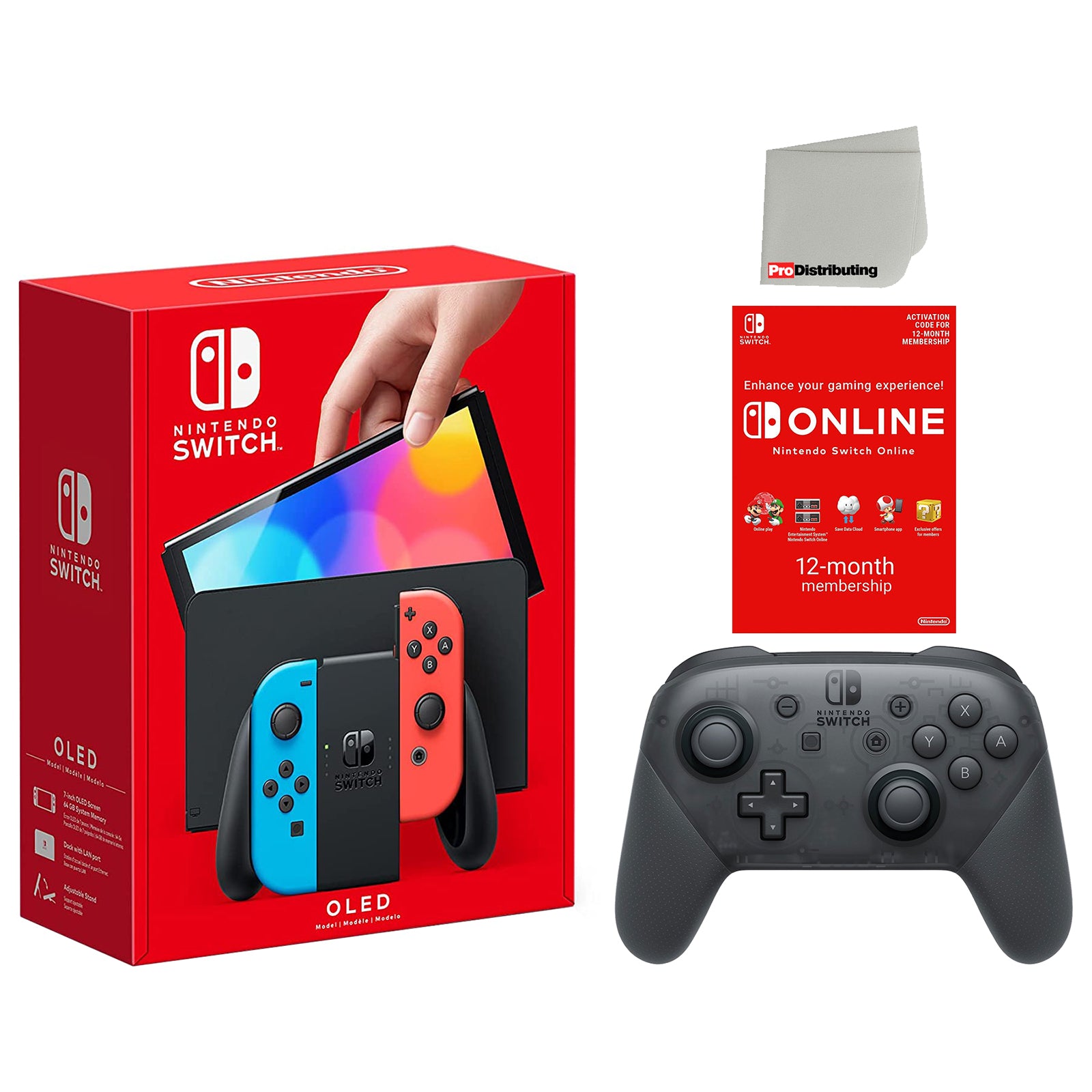 Nintendo Switch OLED 64GB Console Neon Red/Blue Joy-Con Bundle with Online 12 Month Family Membership, Pro Controller and Cleaning Cloth - Pro-Distributing