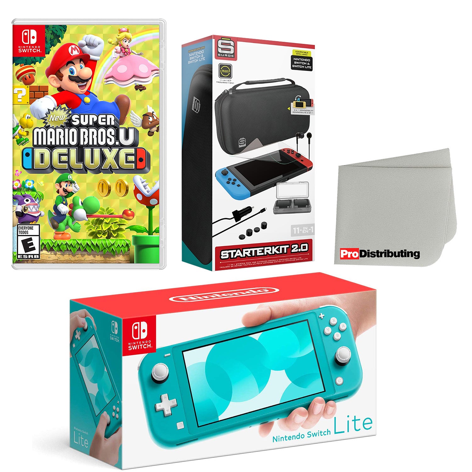 Nintendo Switch Lite Console Turquoise with New Super Mario Bros. U Deluxe, Accessory Starter Kit and Screen Cleaning Cloth Bundle - Pro-Distributing