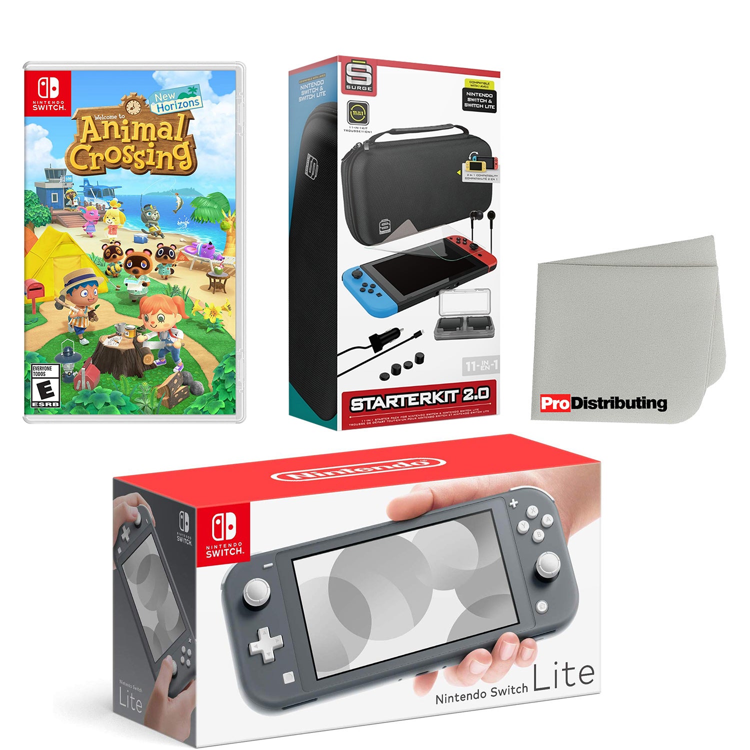 Nintendo Switch Lite Console Gray with Animal Crossing: New Horizons, Accessory Starter Kit and Screen Cleaning Cloth Bundle - Pro-Distributing