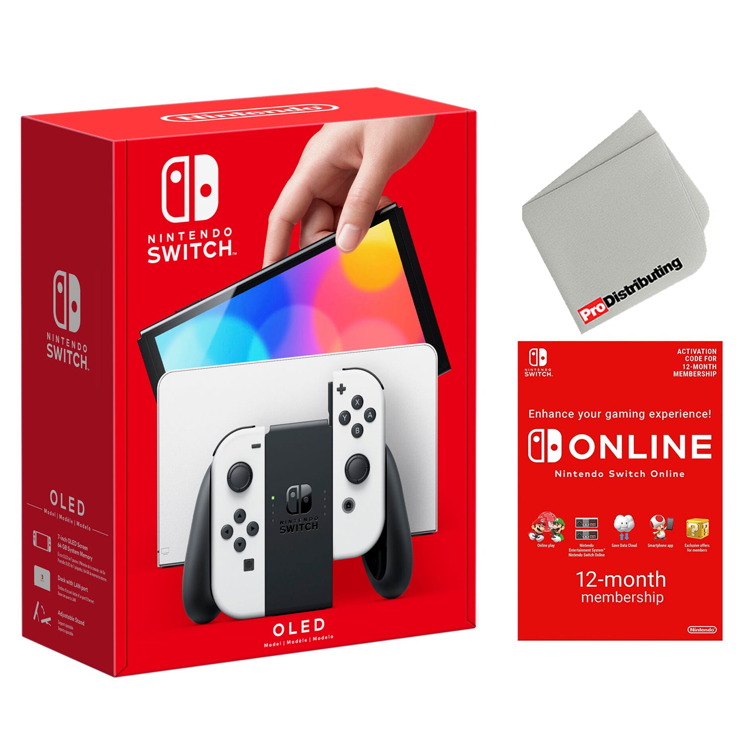 Nintendo Switch OLED 64GB Console White Joy-Con Bundle with Online 12 Month Family Membership and Microfiber Cleaning Cloth - Pro-Distributing