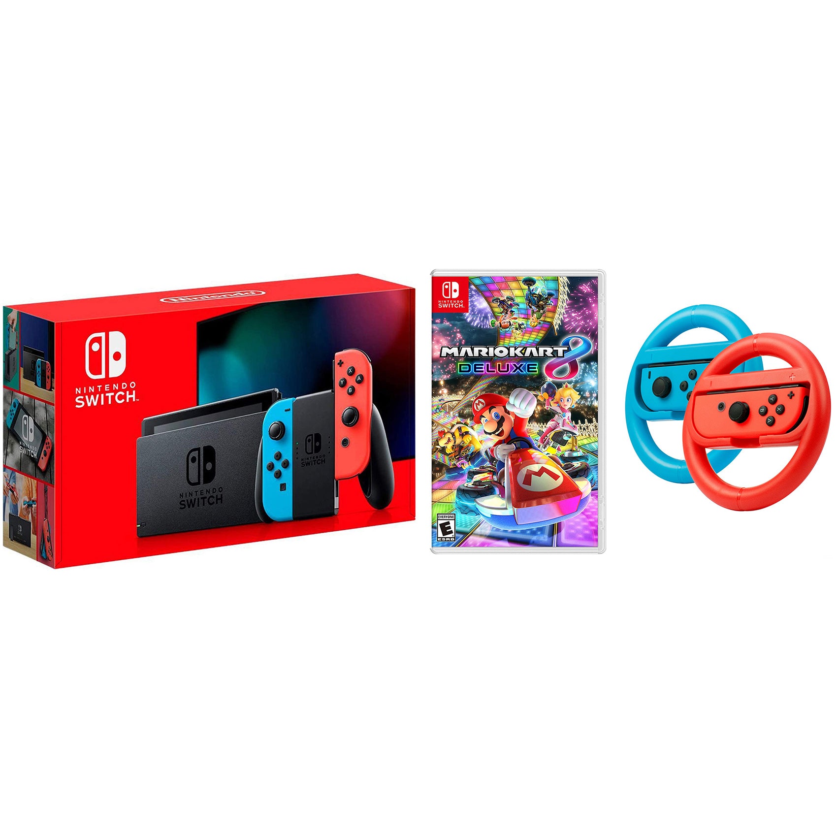 Nintendo Switch Console Neon Red & Blue with Mario Kart 8 Deluxe, Joy-Con Steering Wheel Set - Pro-Distributing